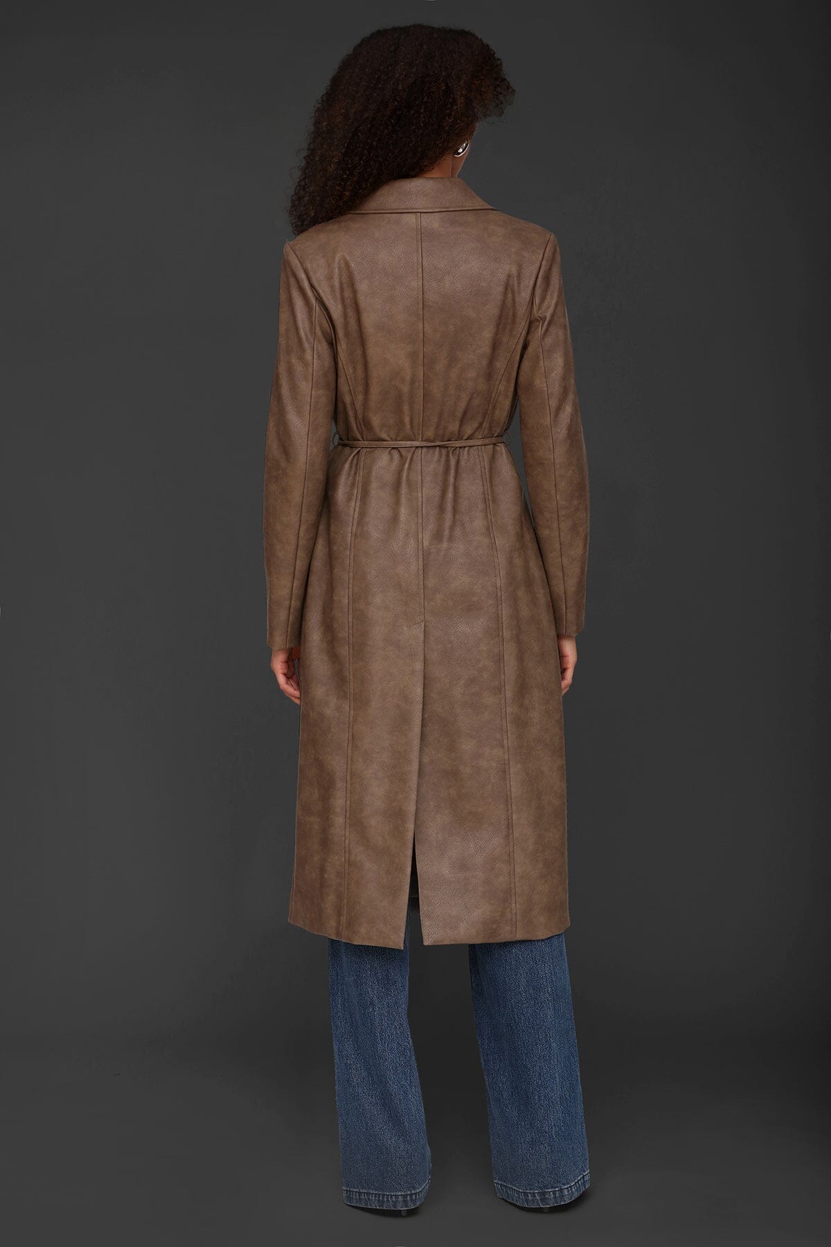 Belted brown faux leather double-breasted trench coat with adjustable self-tie belt - Cute women's long trench coats by Avec Les Filles