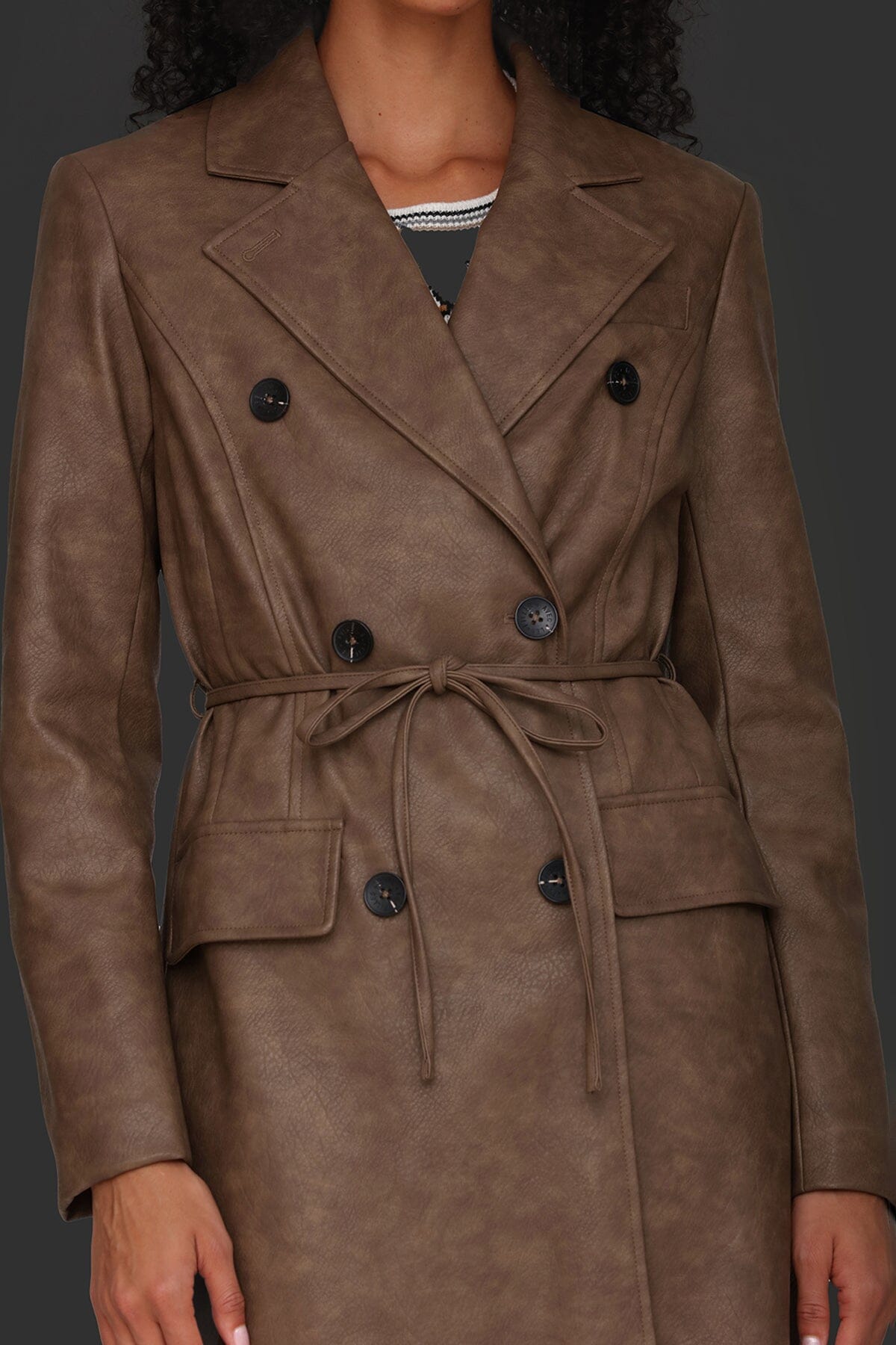 Belted brown faux leather double-breasted trench coat with adjustable self-tie belt - Cute women's long trench coats by Avec Les Filles