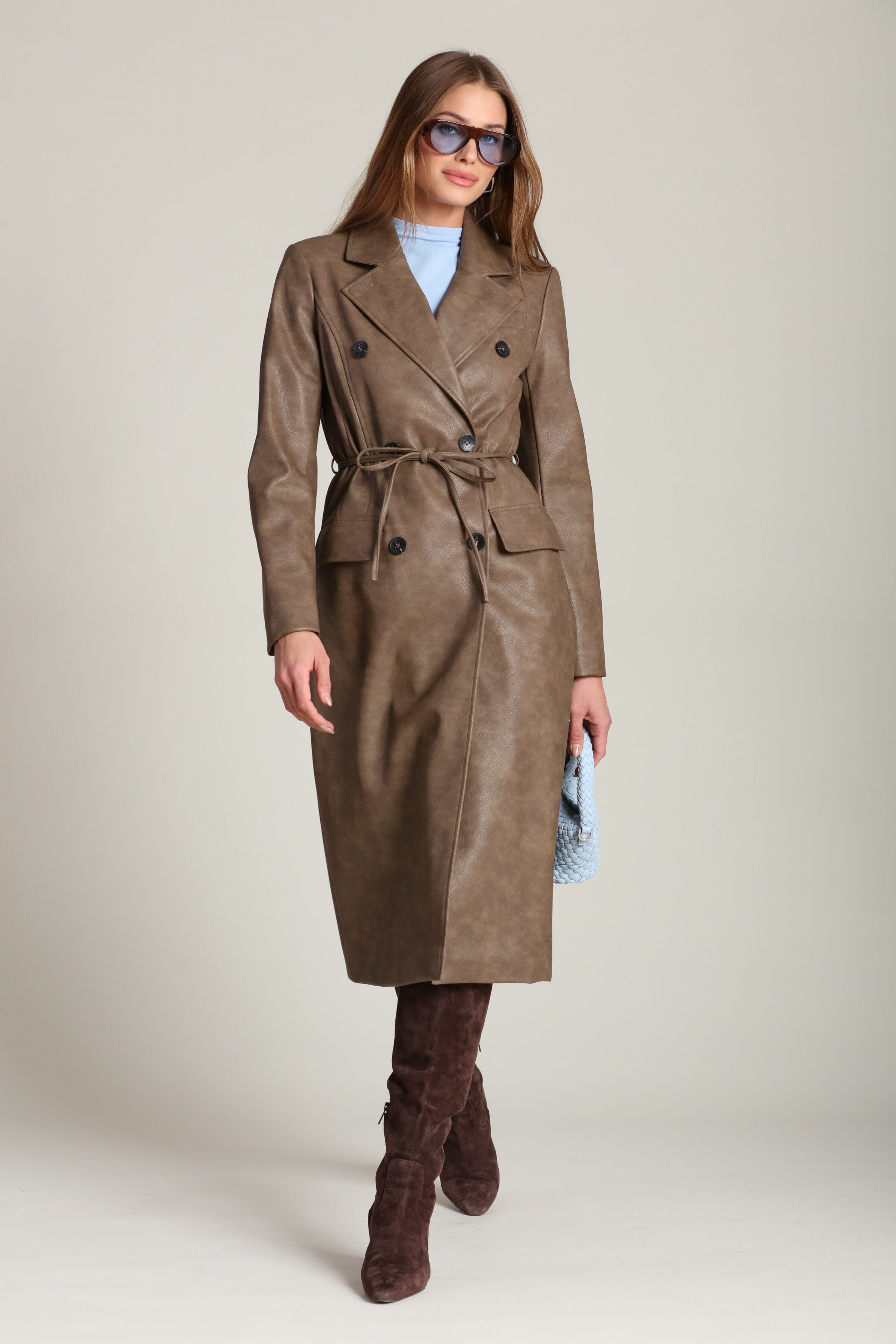 Belted brown faux leather trench coat with adjustable self-tie belt -Shop cute women's vegan leather long trench coats by Avec Les Filles