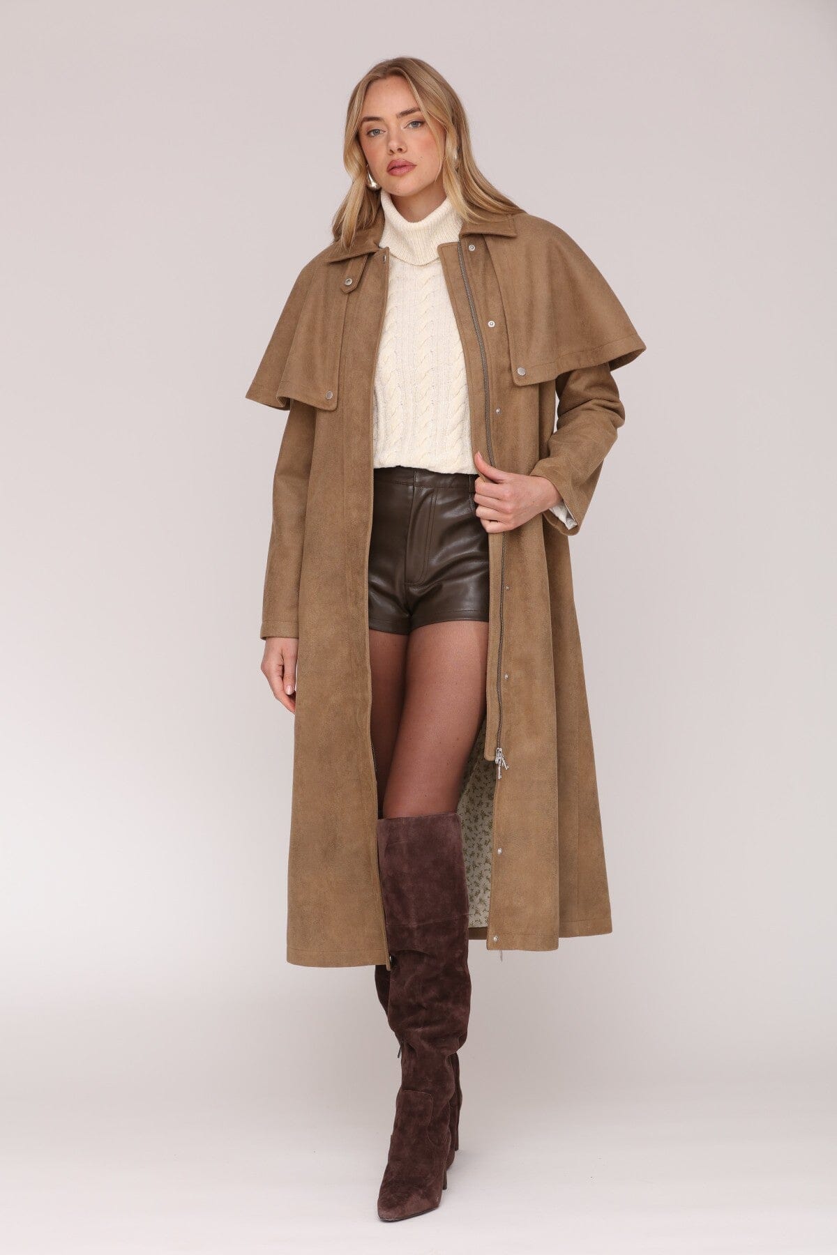 Faux suede cape brown trench coat with classic point collar and detachable cape overlay - Cute women's trench coats by Avec Les Filles