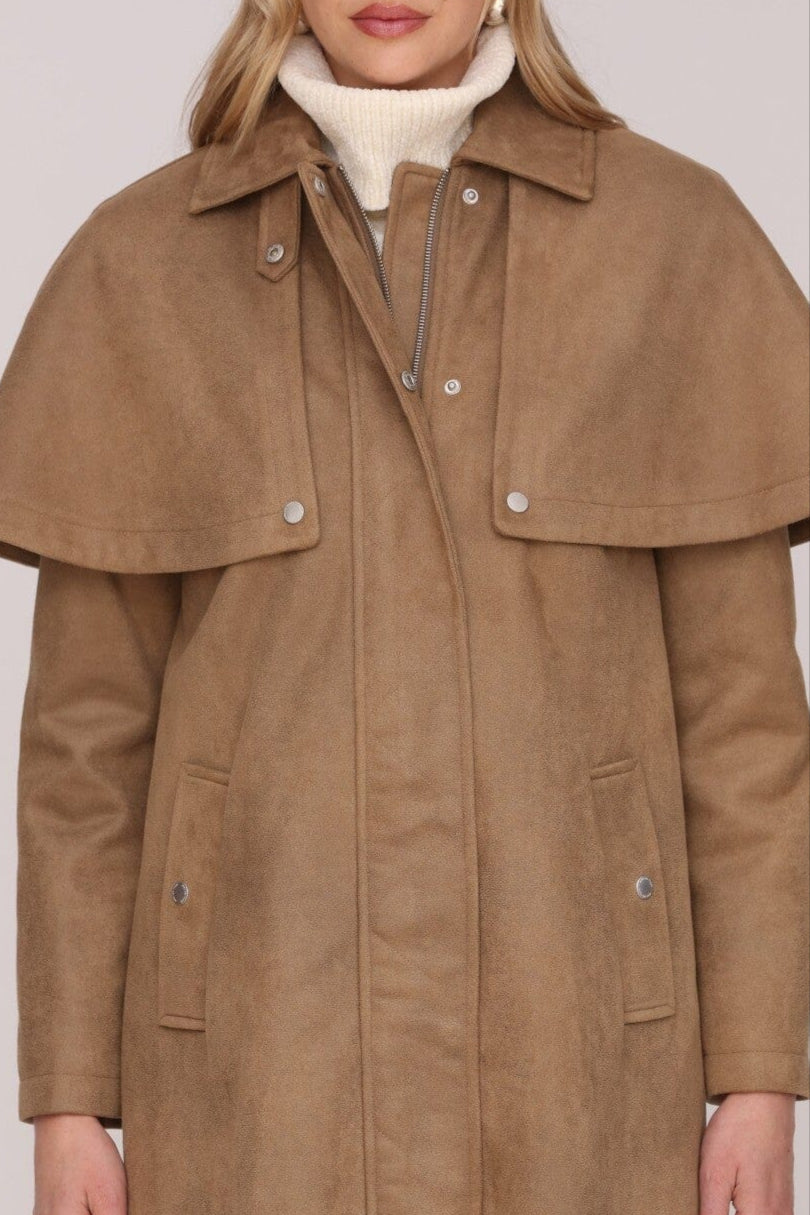 Faux suede cape brown trench coat with classic point collar and detachable cape overlay - Cute women's trench coats by Avec Les Filles
