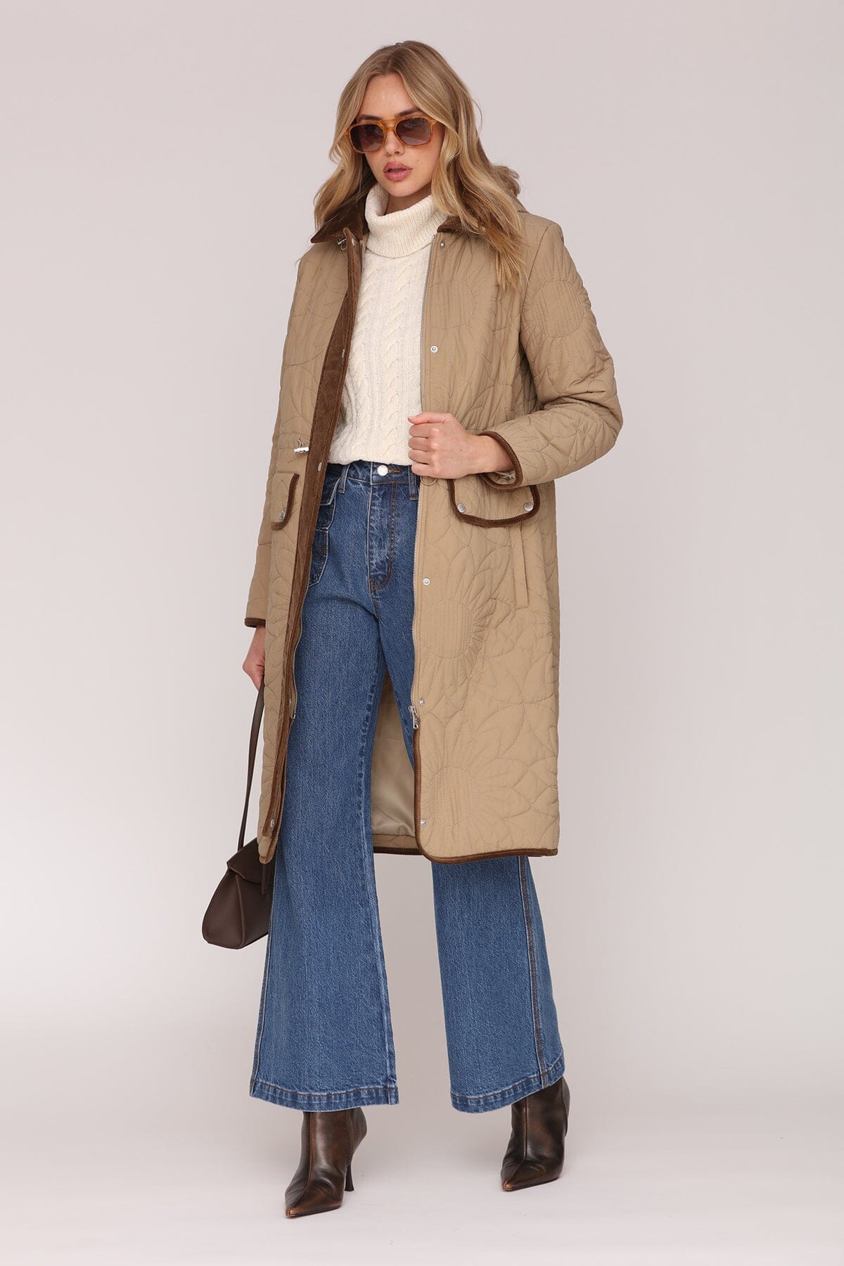 Corduroy trim quilted floral anorak hooded brown coat with drawcord waist for a customizable fit and long sleeves - Cute women's coats by Avec Les Filles