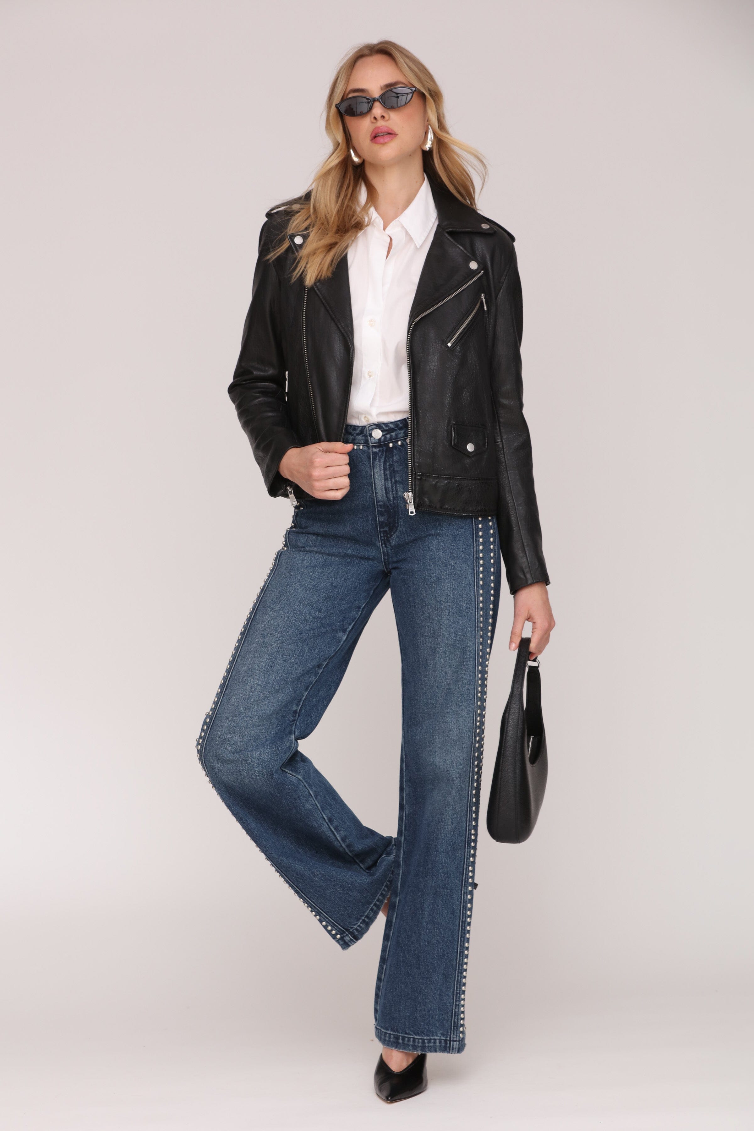 Classic genuine leather biker black jacket with asymmetrical zip front and epaulettes at shoulders - Cute women's jackets by Avec Les Filles