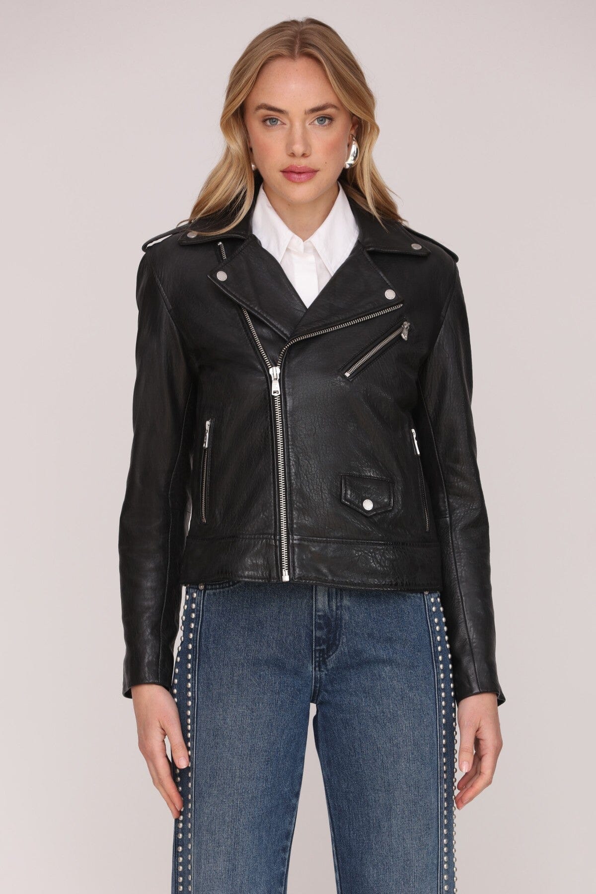Classic genuine leather biker black jacket with asymmetrical zip front and epaulettes at shoulders - Cute women's jackets by Avec Les Filles