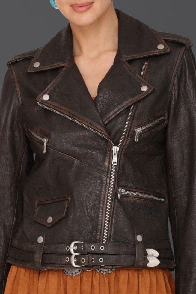 Genuine leather western belted brown biker jacket with asymmetric front and adjustable belt - Cute women's biker jackets by Avec Les Filles