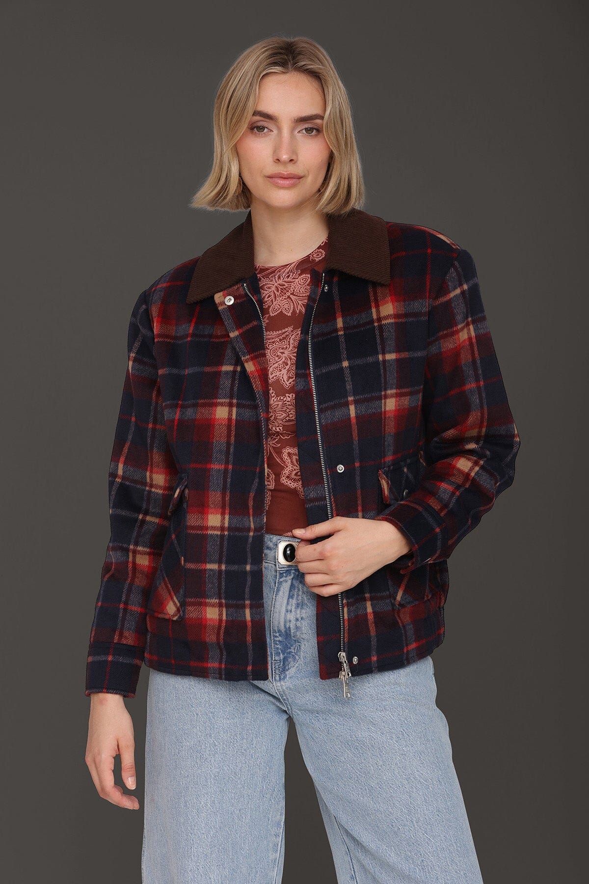 Heritage navy-red plaid bomber jacket with drop shoulders, flap pockets and long sleeves - Cute women's jackets by Avec Les Filles
