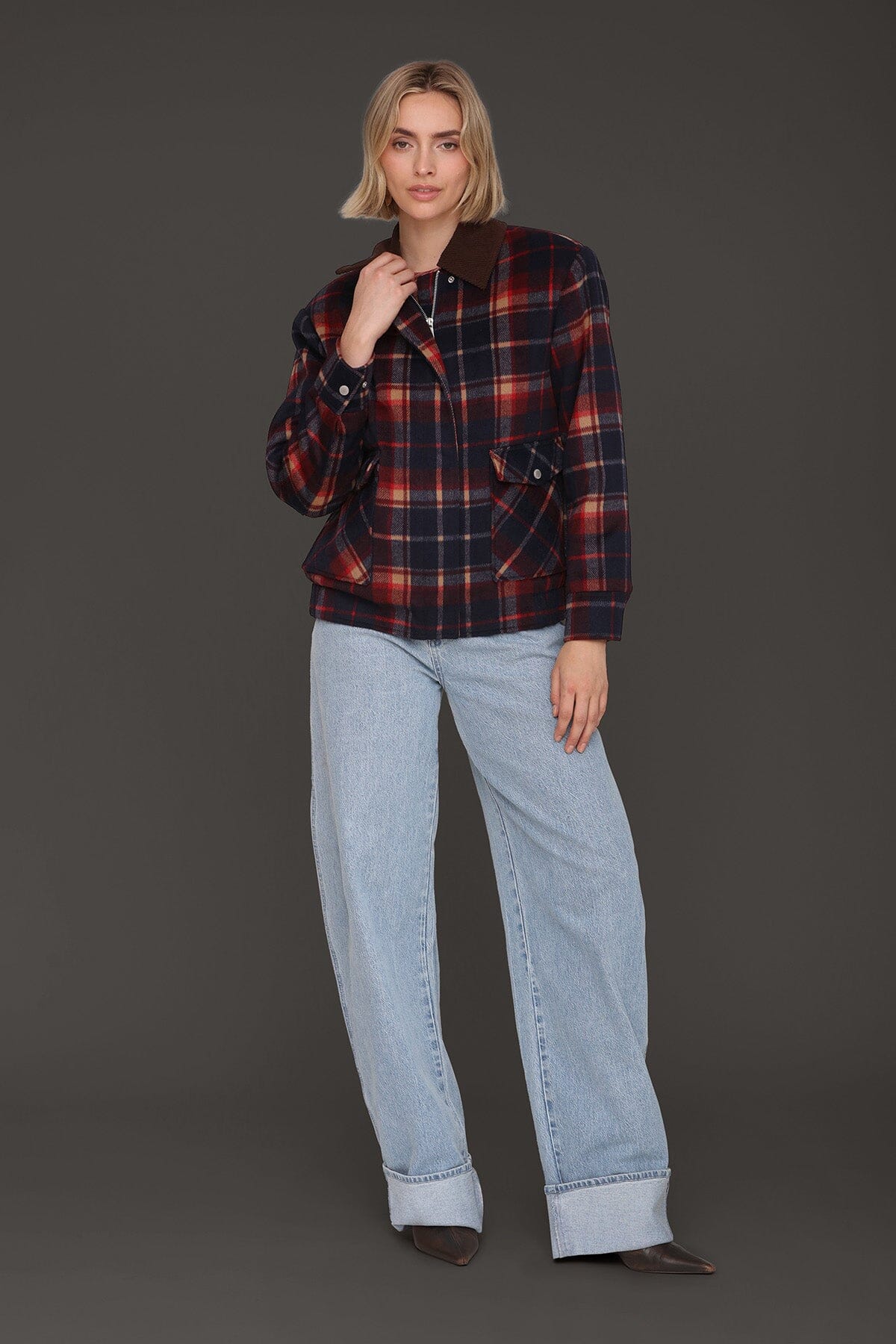 Heritage navy-red plaid bomber jacket with drop shoulders, flap pockets and long sleeves - Cute women's jackets by Avec Les Filles