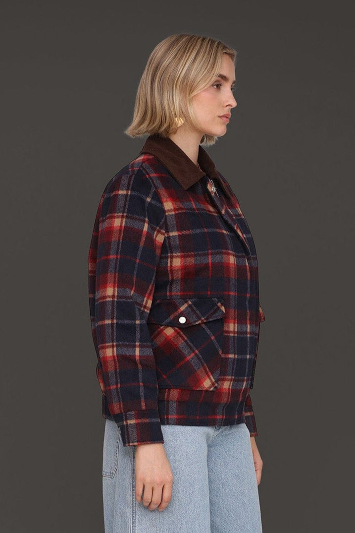 Heritage navy-red plaid bomber jacket with drop shoulders, flap pockets and long sleeves - Cute women's jackets by Avec Les Filles