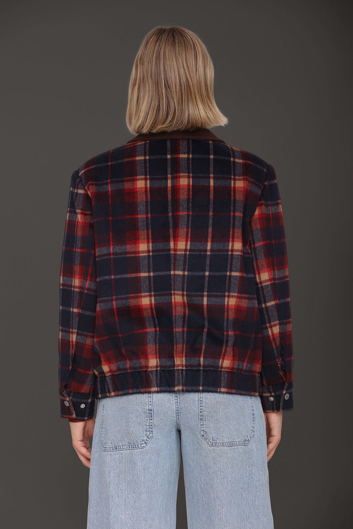 Heritage navy-red plaid bomber jacket with drop shoulders, flap pockets and long sleeves - Cute women's jackets by Avec Les Filles