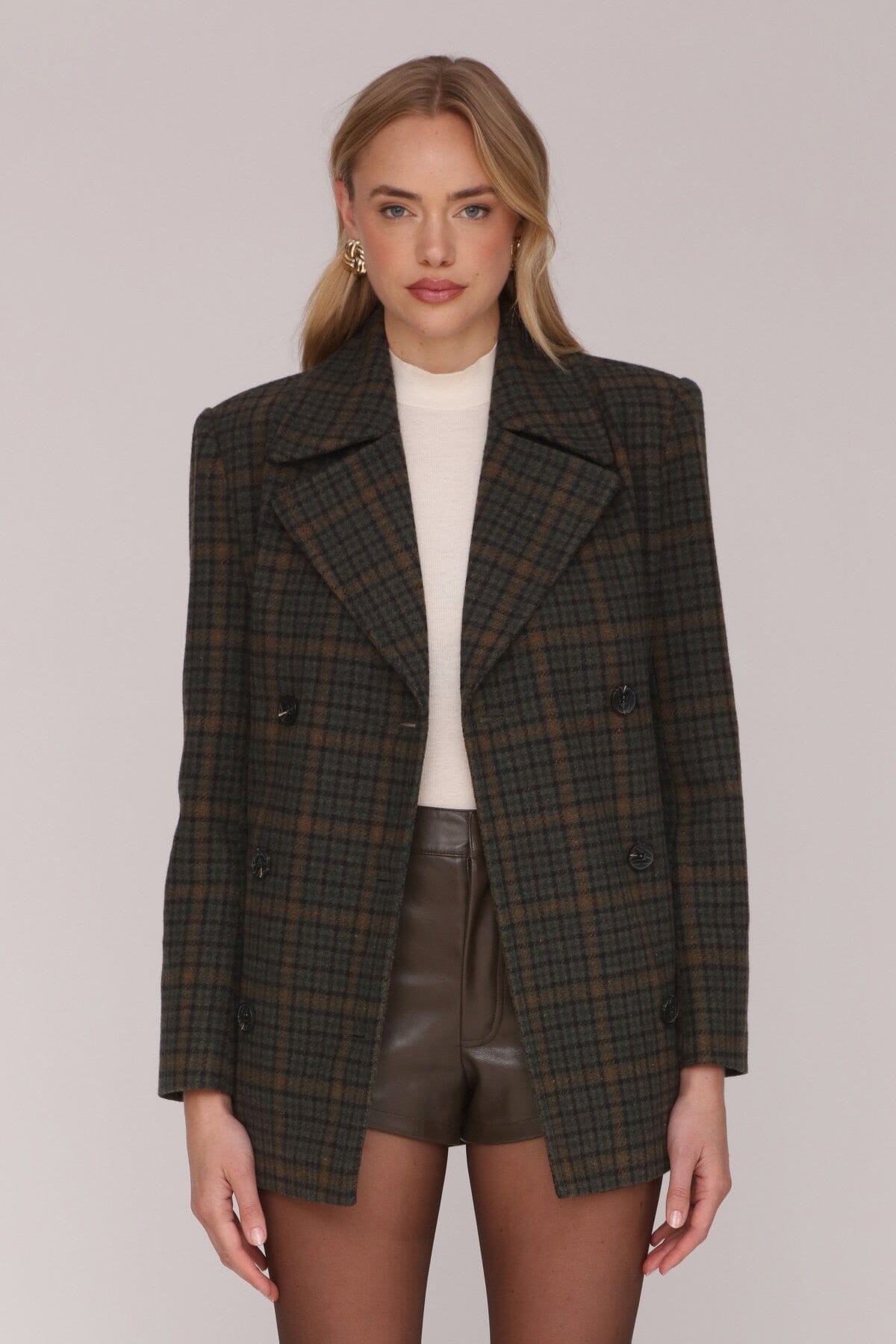 Dark green and caramel plaid double-breasted blazer coat with front-button closure and long sleeves - Cute women's coats & jackets by Avec Les Filles