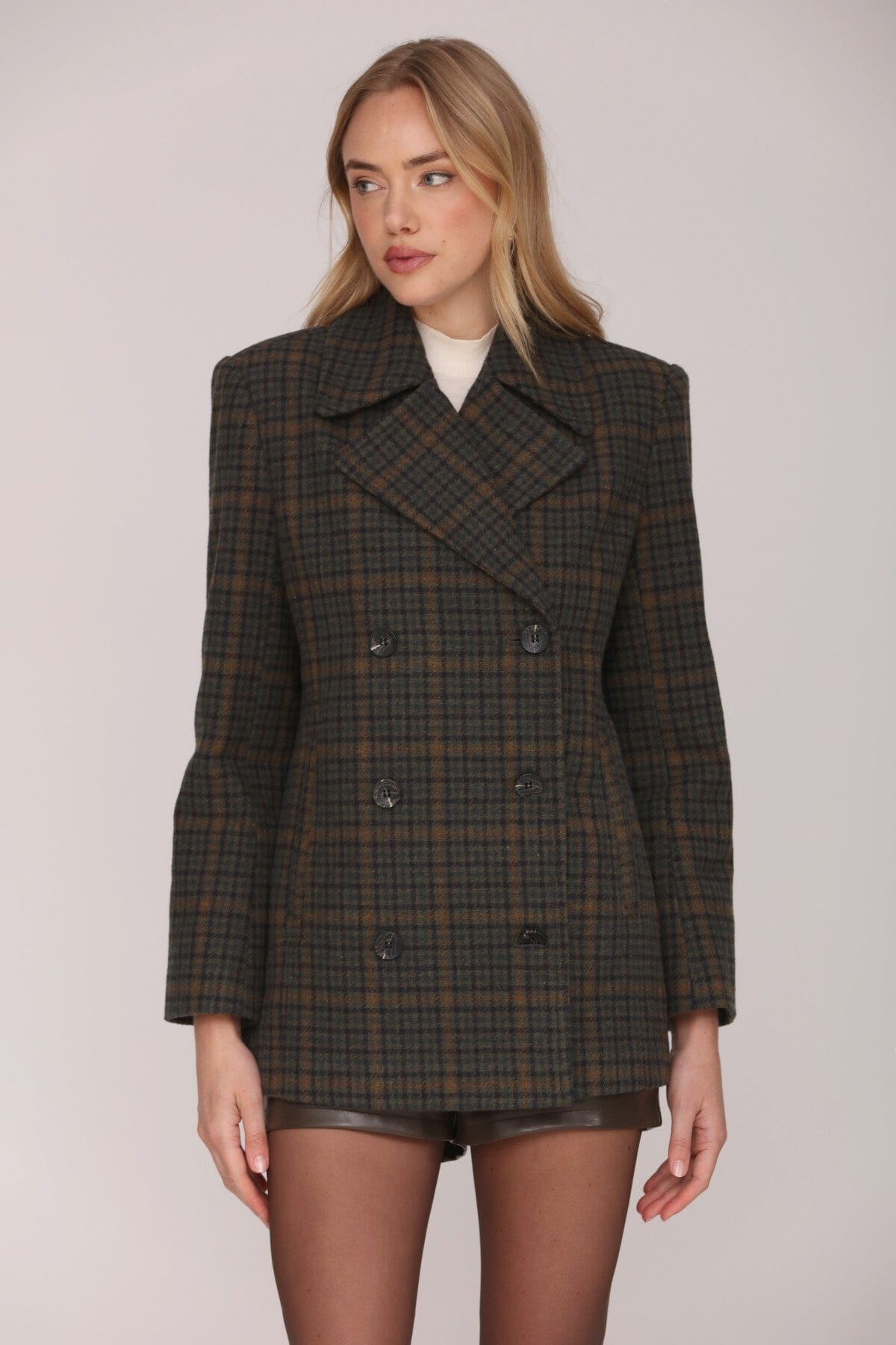 Dark green and caramel plaid double-breasted blazer coat with front-button closure and long sleeves - Cute women's coats & jackets by Avec Les Filles