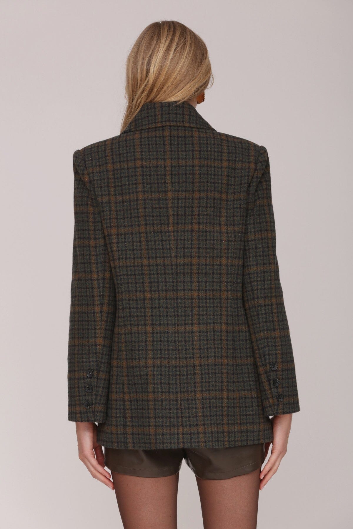 Dark green and caramel plaid double-breasted blazer coat with front-button closure and long sleeves - Cute women's coats & jackets by Avec Les Filles