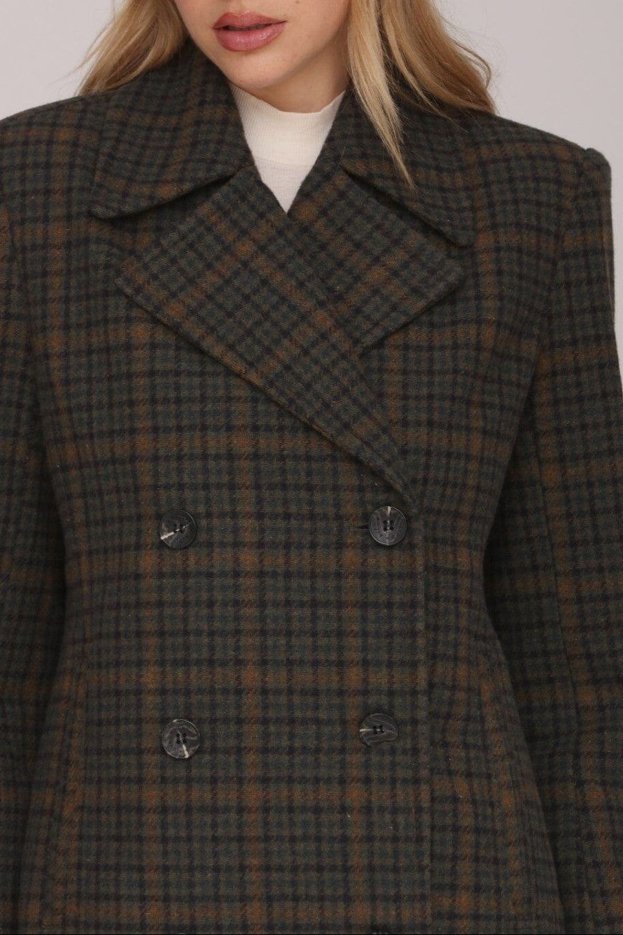 Dark green and caramel plaid double-breasted blazer coat with front-button closure and long sleeves - Cute women's coats & jackets by Avec Les Filles