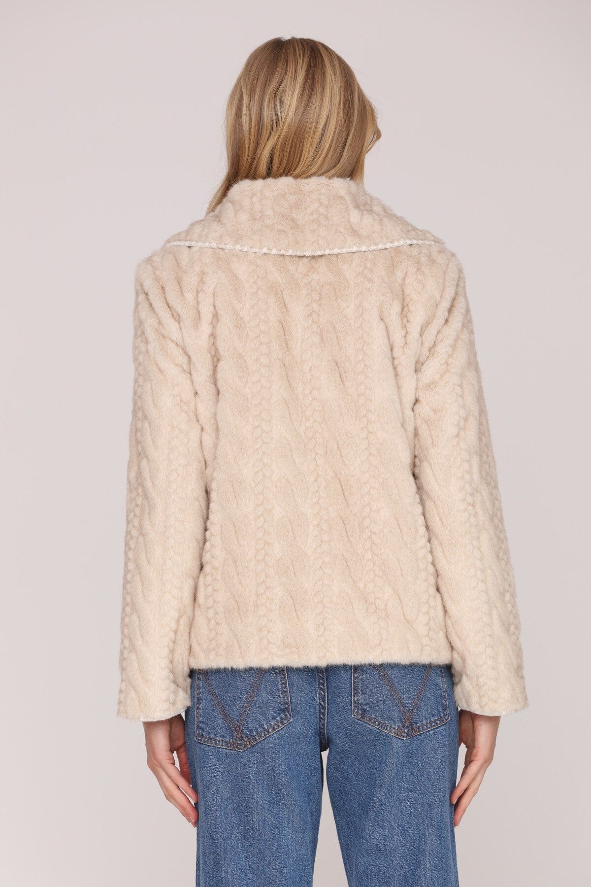 Sand cable knit faux fur jacket with tonal button front and wide notched collar - Cute women's jackets by Avec Les Filles