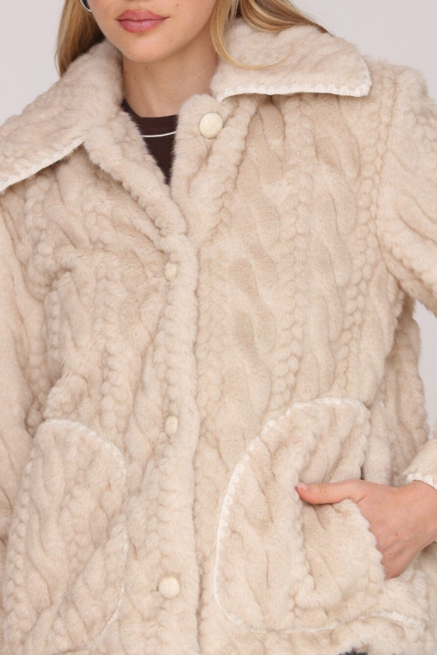 Sand cable knit faux fur jacket with tonal button front and wide notched collar - Cute women's jackets by Avec Les Filles