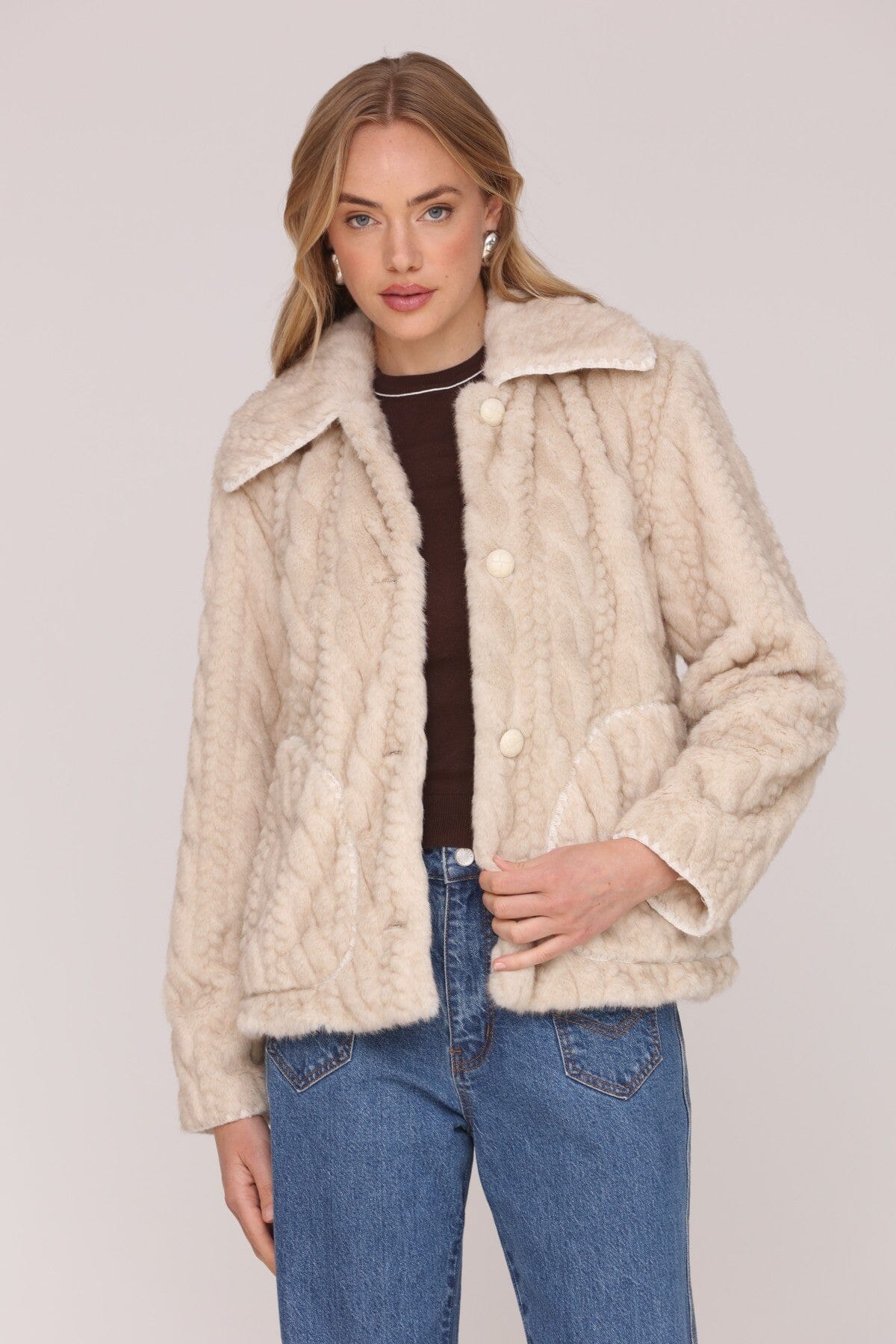 Sand cable knit faux fur jacket with tonal button front and wide notched collar - Cute women's jackets by Avec Les Filles