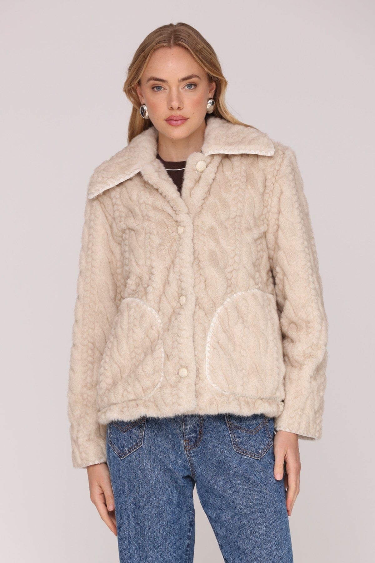 Sand cable knit faux fur jacket with tonal button front and wide notched collar - Cute women's jackets by Avec Les Filles