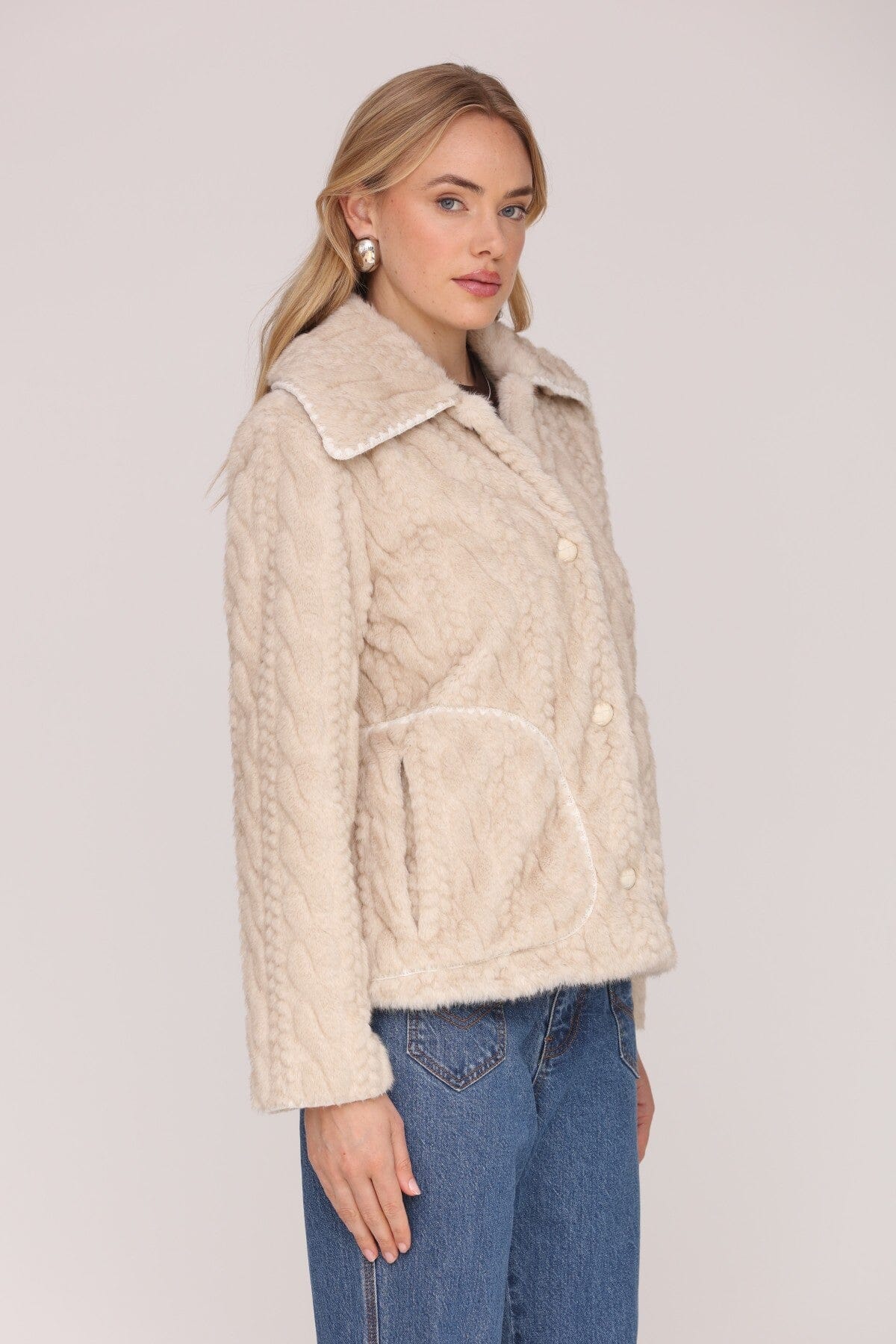 Sand cable knit faux fur jacket with tonal button front and wide notched collar - Cute women's jackets by Avec Les Filles