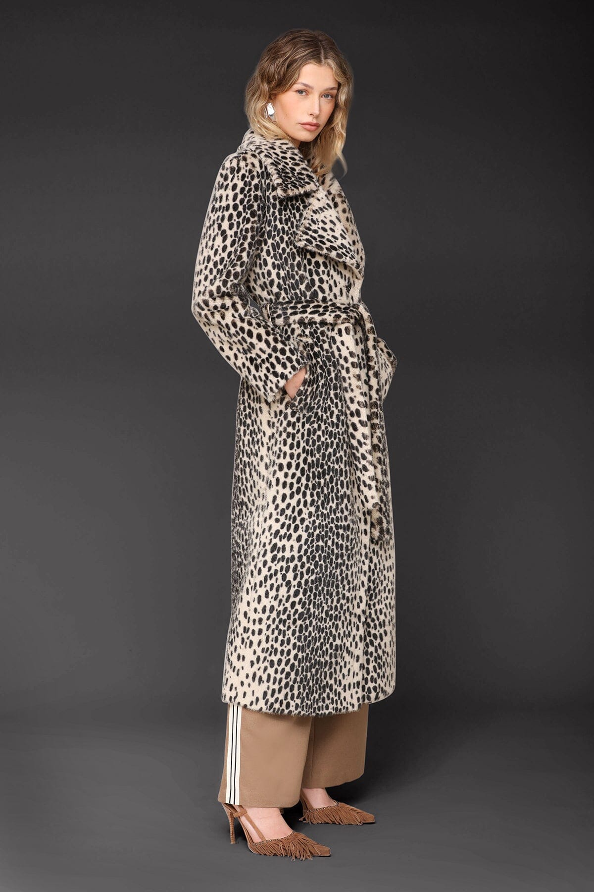 Cheetah faux fur belted black maxi coat with a wide notched lapel collar and a self-tie belt - Cute women's maxi coat by Avec Les Filles
