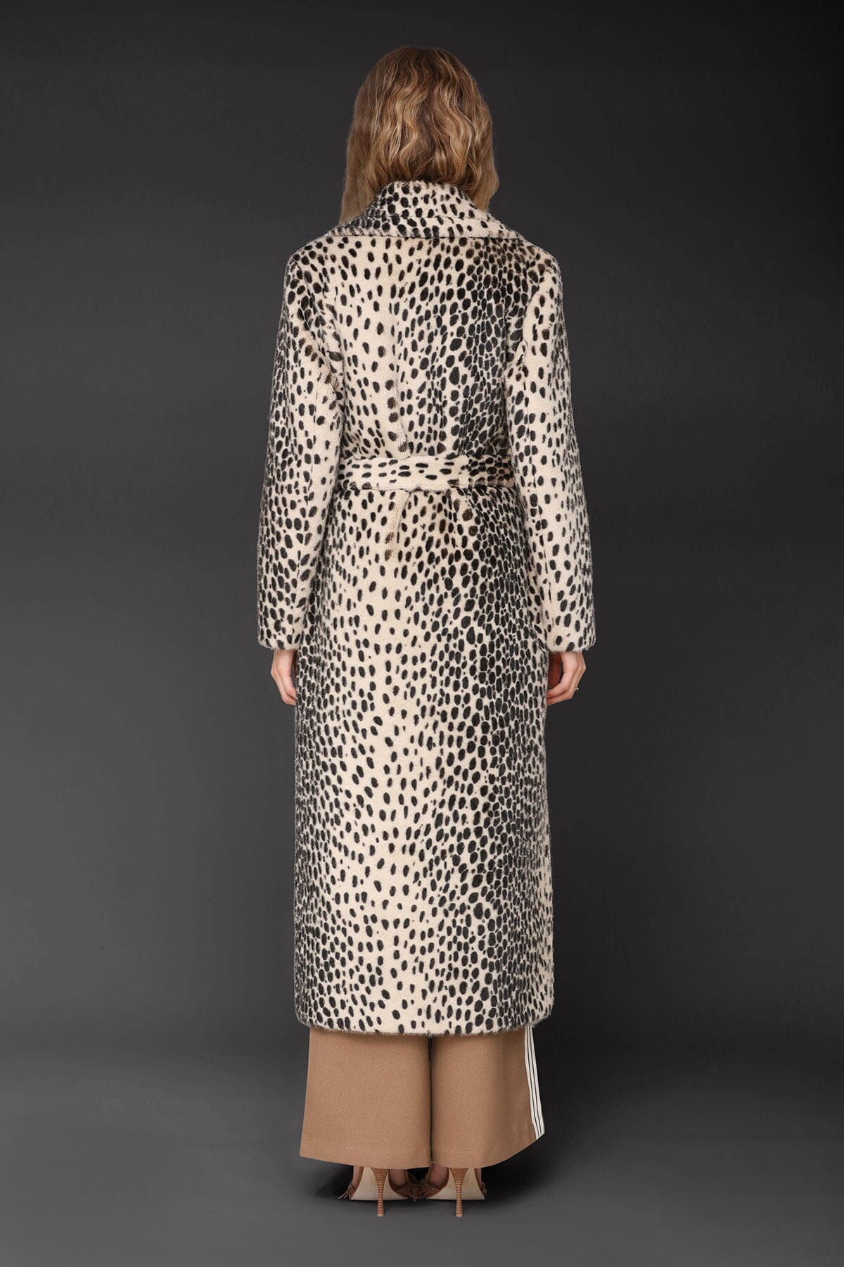 Cheetah faux fur belted black maxi coat with a wide notched lapel collar and a self-tie belt - Cute women's maxi coat by Avec Les Filles
