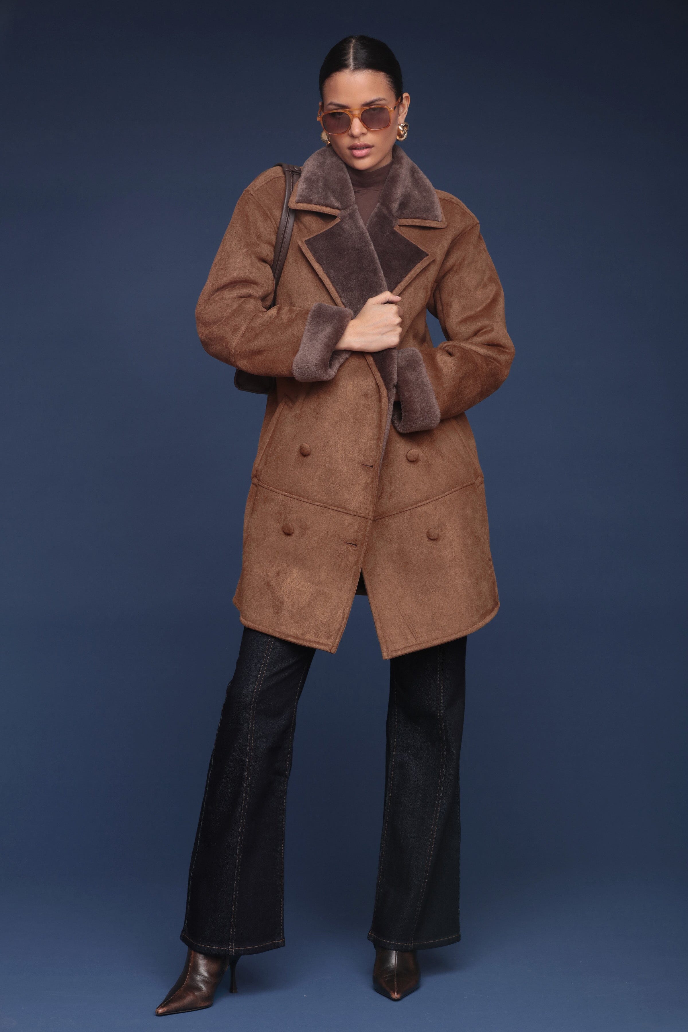 Relaxed brown faux suede shearling double-breasted peacoat with wide notched lapels and side welt pockets - Shop women’s coats by Avec Les Filles