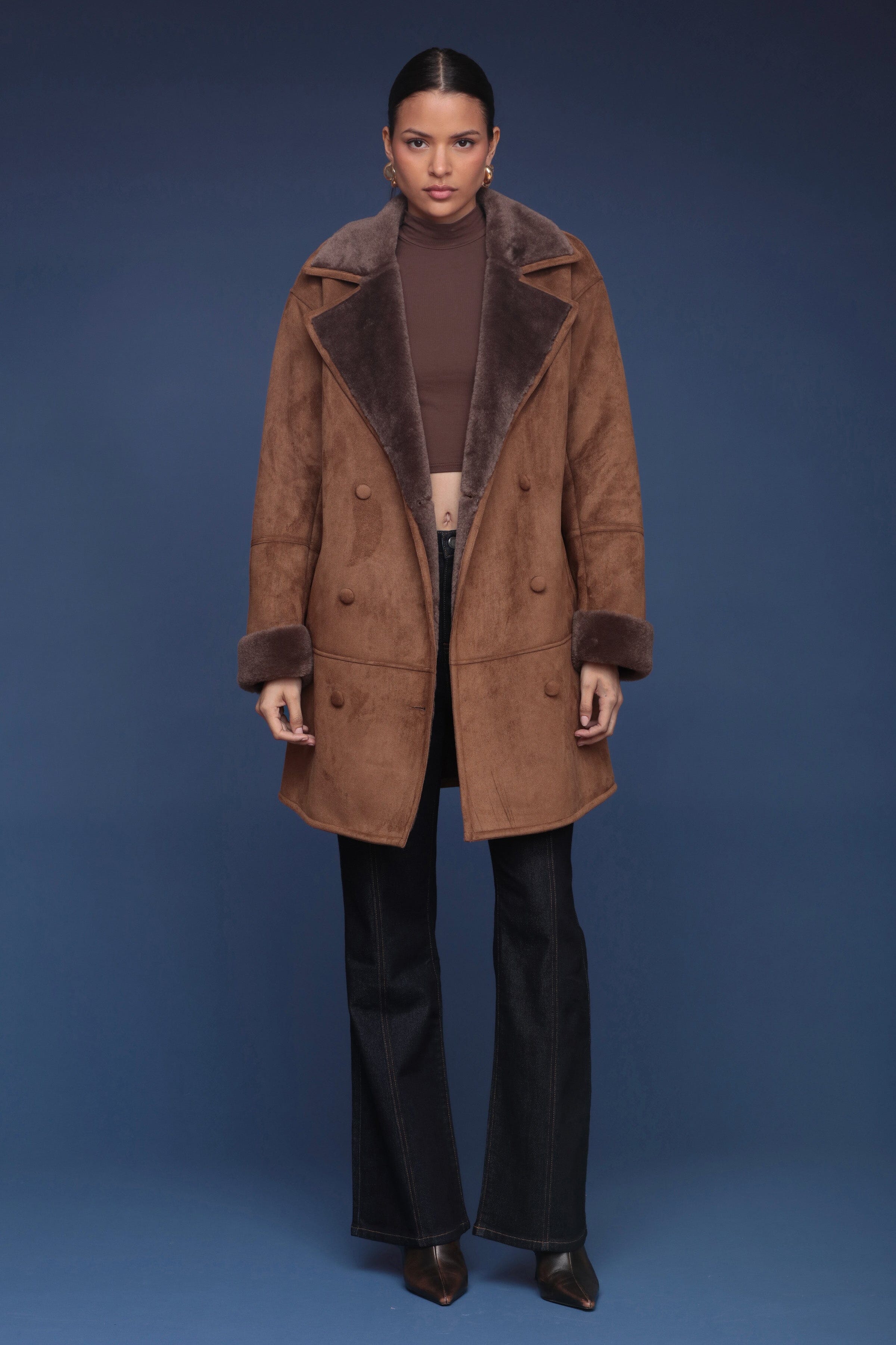 Relaxed brown faux suede shearling double-breasted peacoat with wide notched lapels and side welt pockets - Shop women’s coats by Avec Les Filles