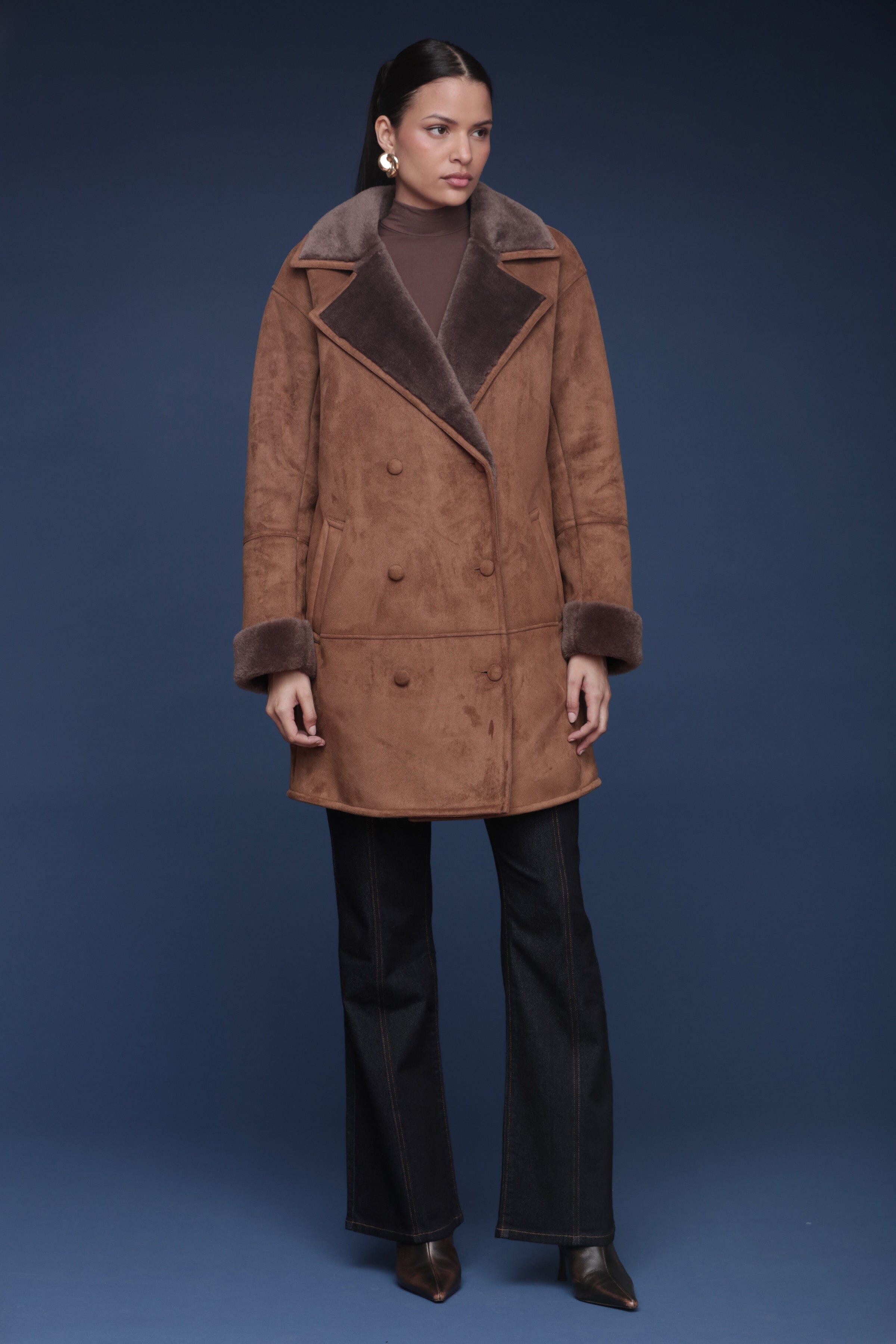 Relaxed brown faux suede shearling double-breasted peacoat with wide notched lapels and side welt pockets - Shop women’s coats by Avec Les Filles