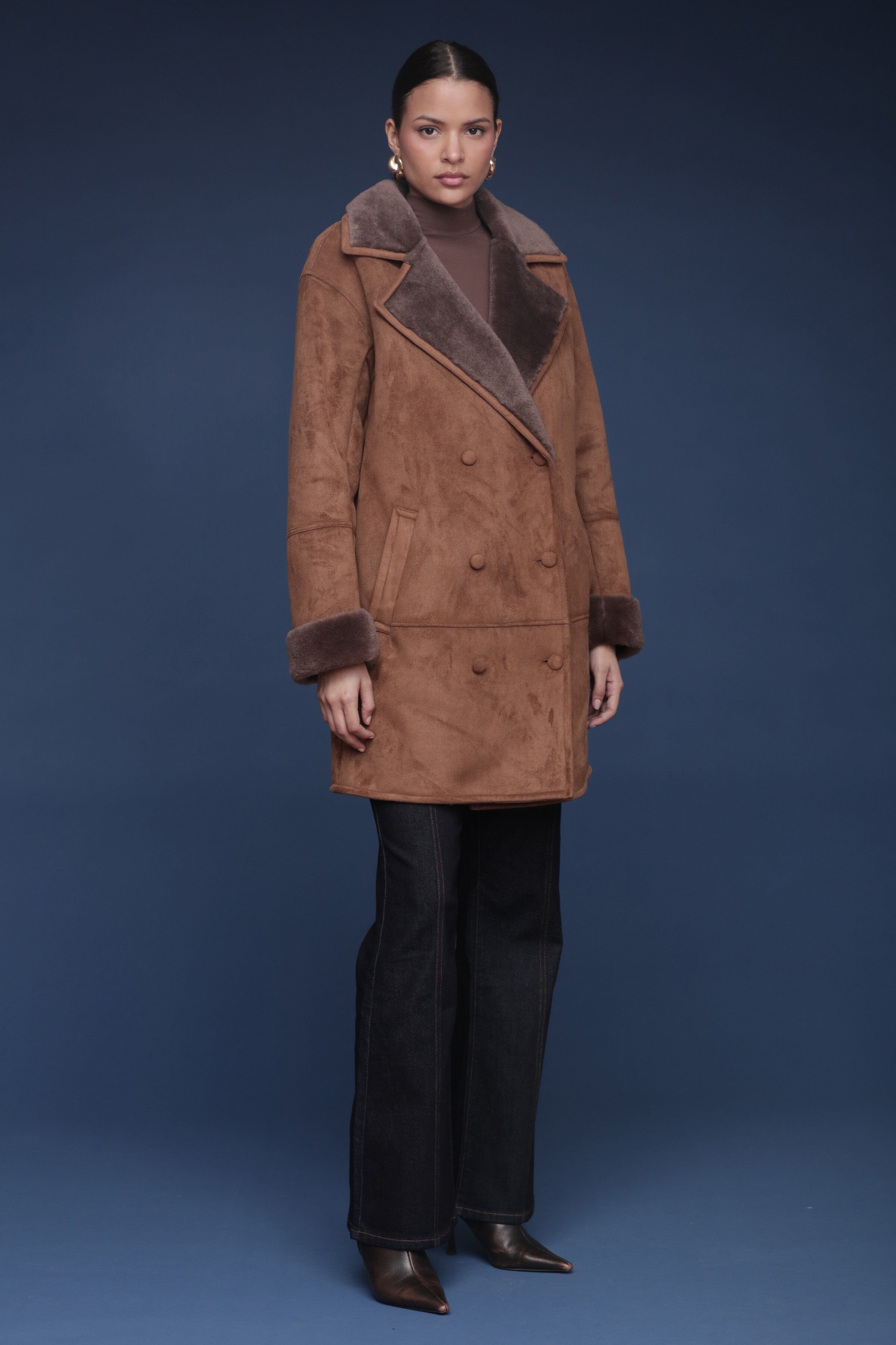 Relaxed brown faux suede shearling double-breasted peacoat with wide notched lapels and side welt pockets - Shop women’s coats by Avec Les Filles