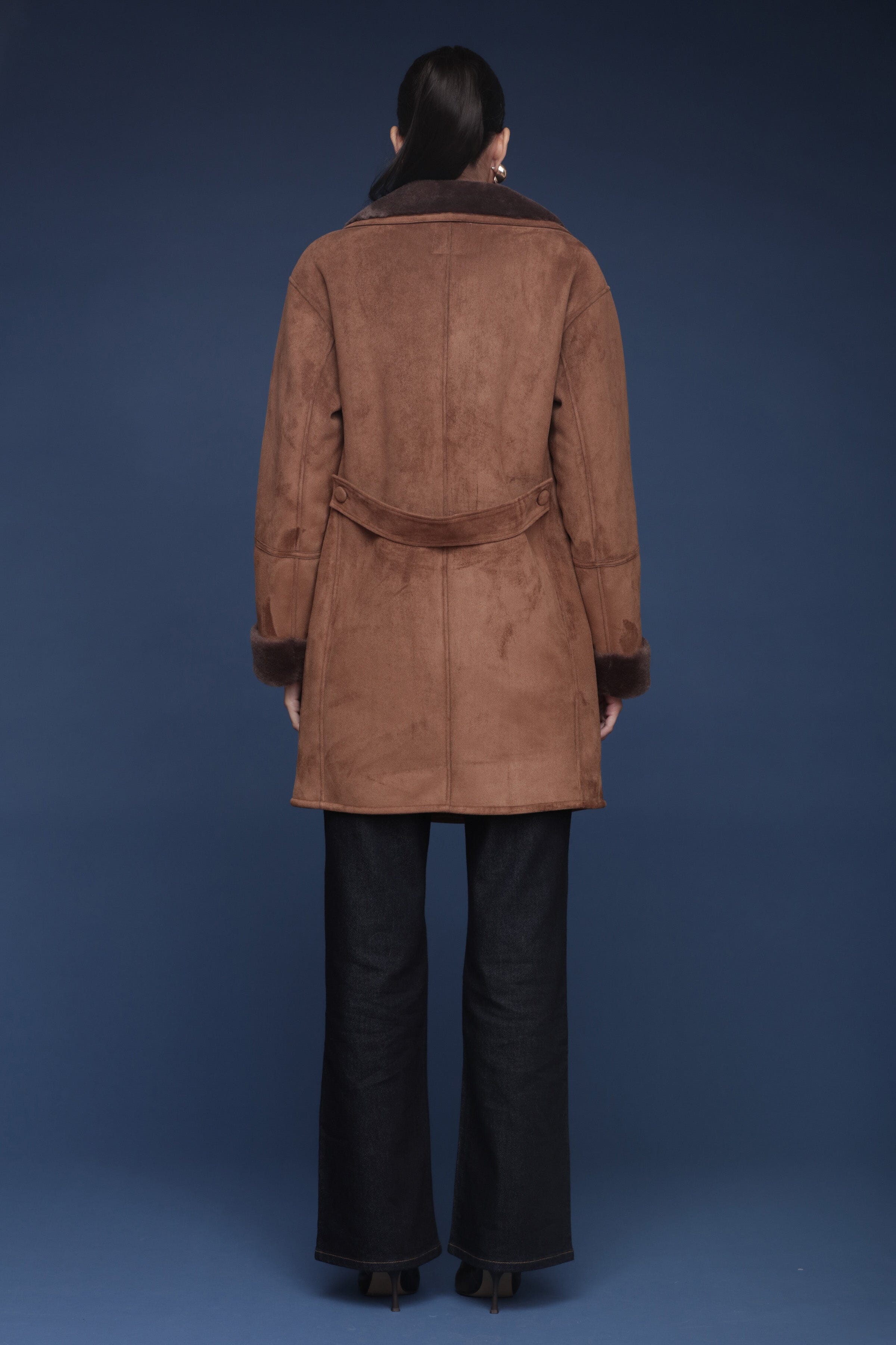 Relaxed brown faux suede shearling double-breasted peacoat with wide notched lapels and side welt pockets - Shop women’s coats by Avec Les Filles
