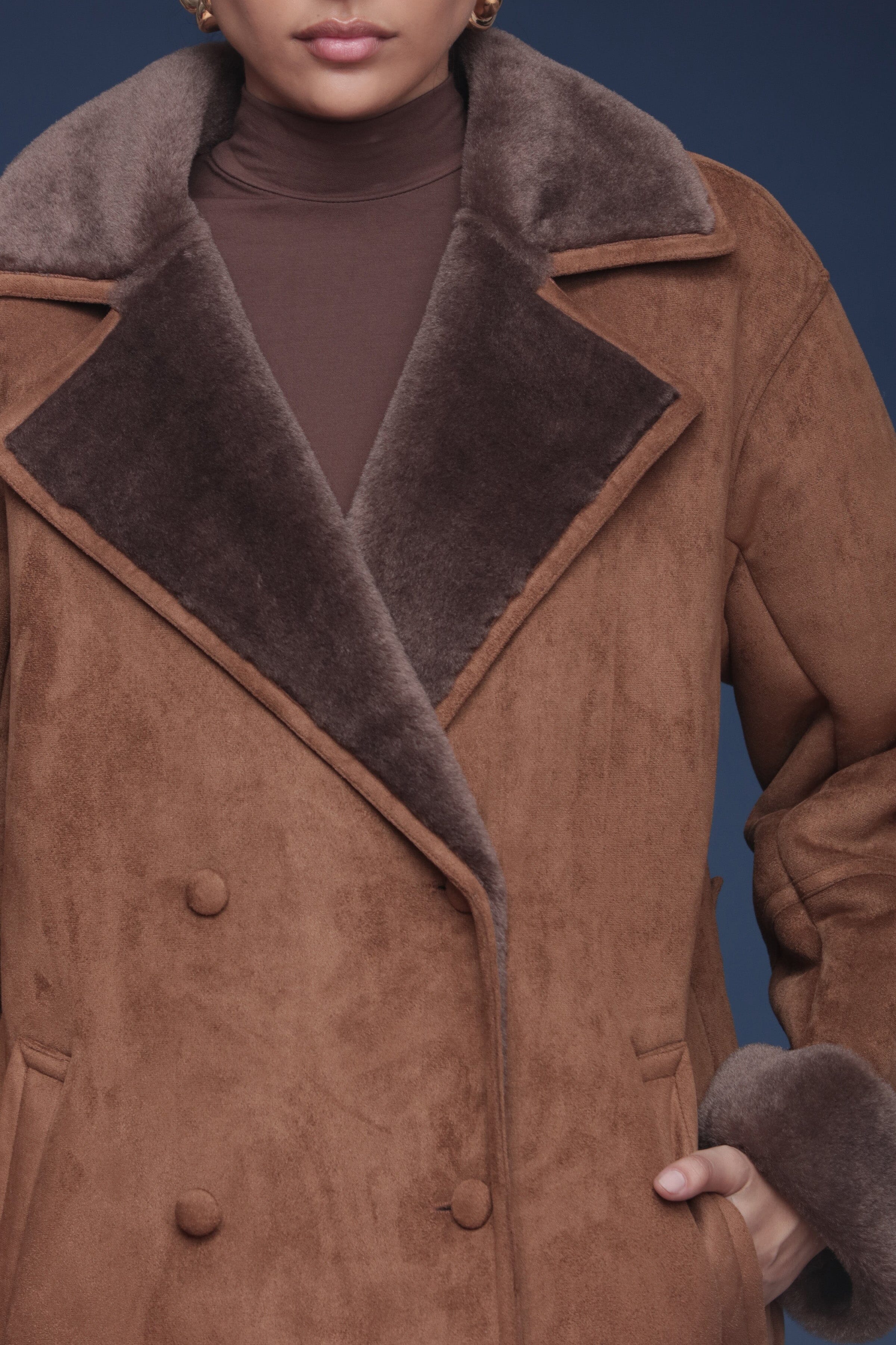 Relaxed brown faux suede shearling double-breasted peacoat with wide notched lapels and side welt pockets - Shop women’s coats by Avec Les Filles