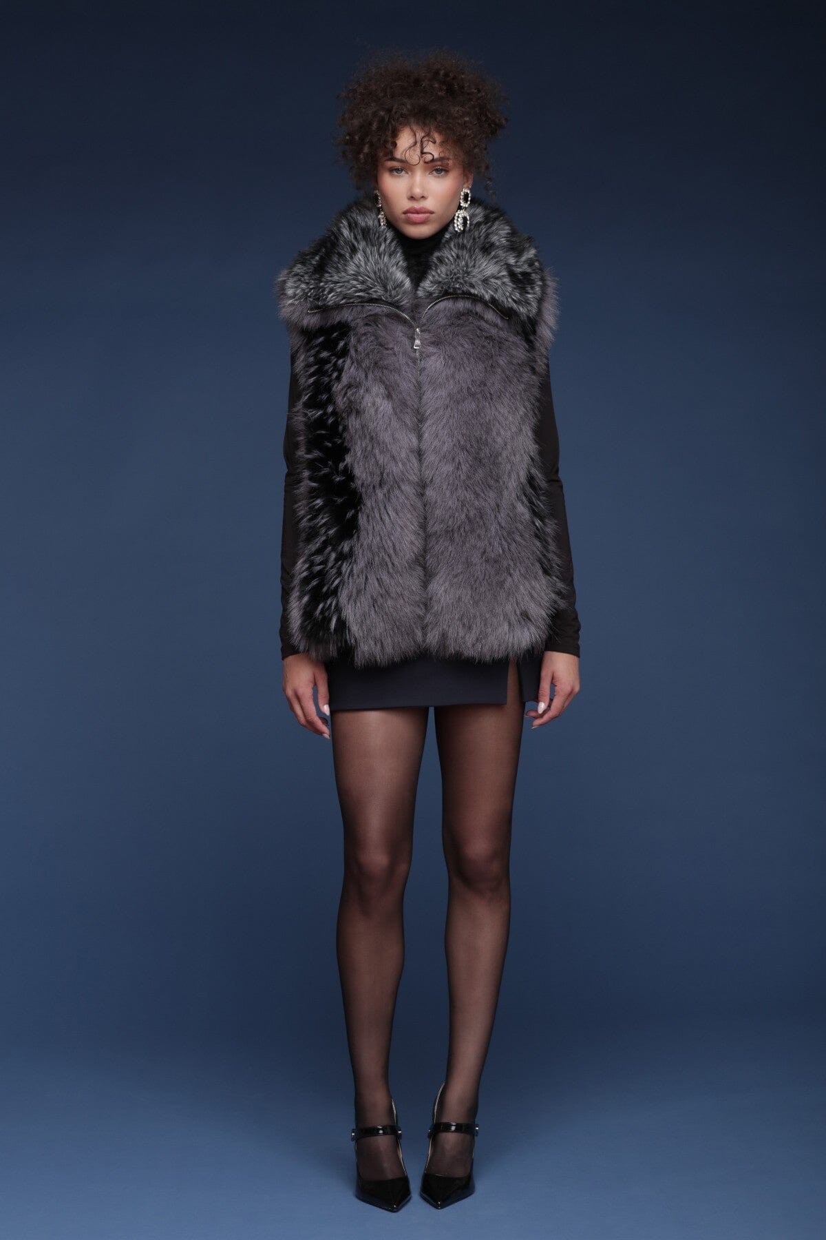 Luxe faux leather fur envelope oversized collar grey vest with plush tonal panels and front zip closure - Shop cute women's vests by Avec Les Filles