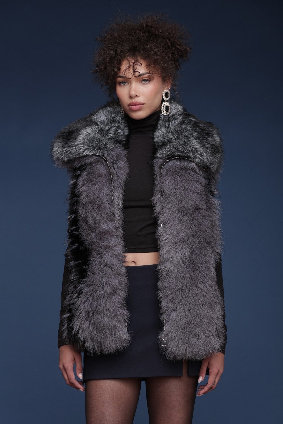 Luxe faux leather fur envelope oversized collar grey vest with plush tonal panels and front zip closure - Shop cute women's vests by Avec Les Filles