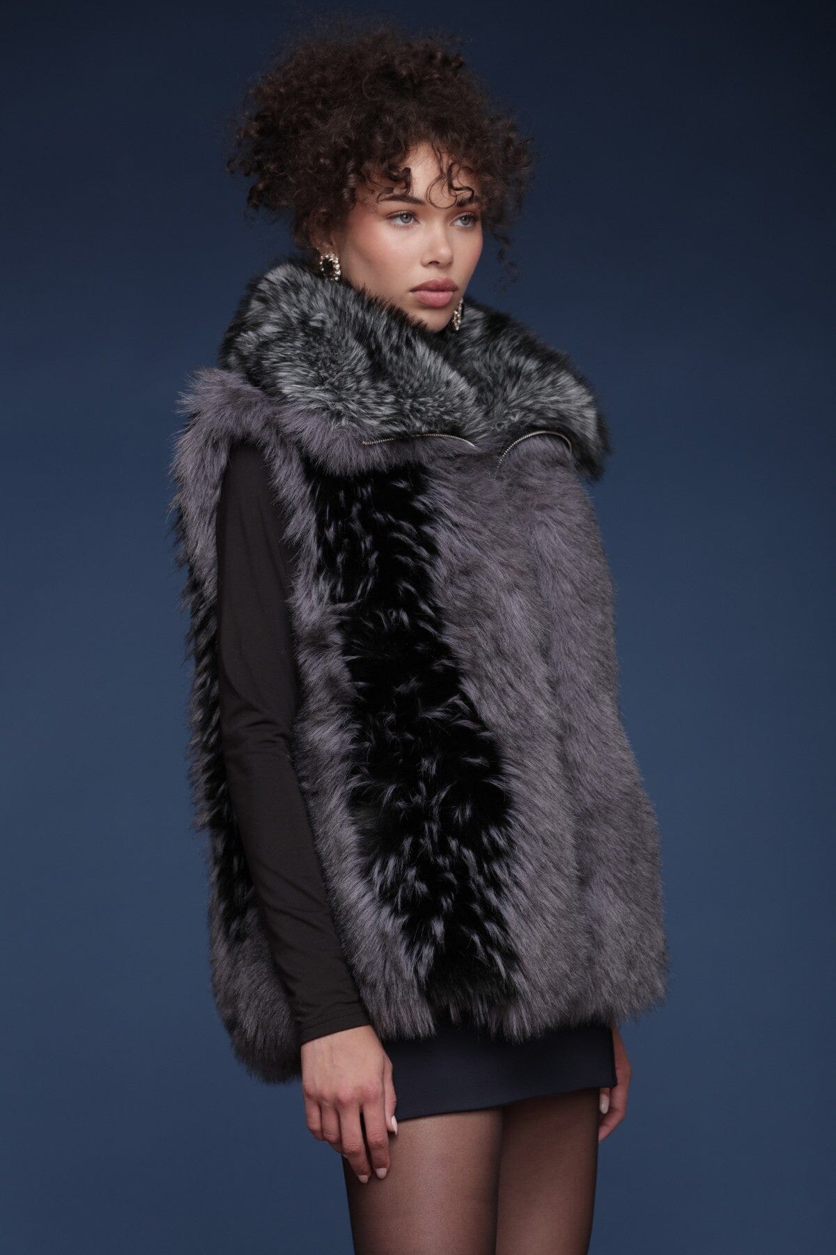 Luxe faux leather fur envelope oversized collar grey vest with plush tonal panels and front zip closure - Shop cute women's vests by Avec Les Filles