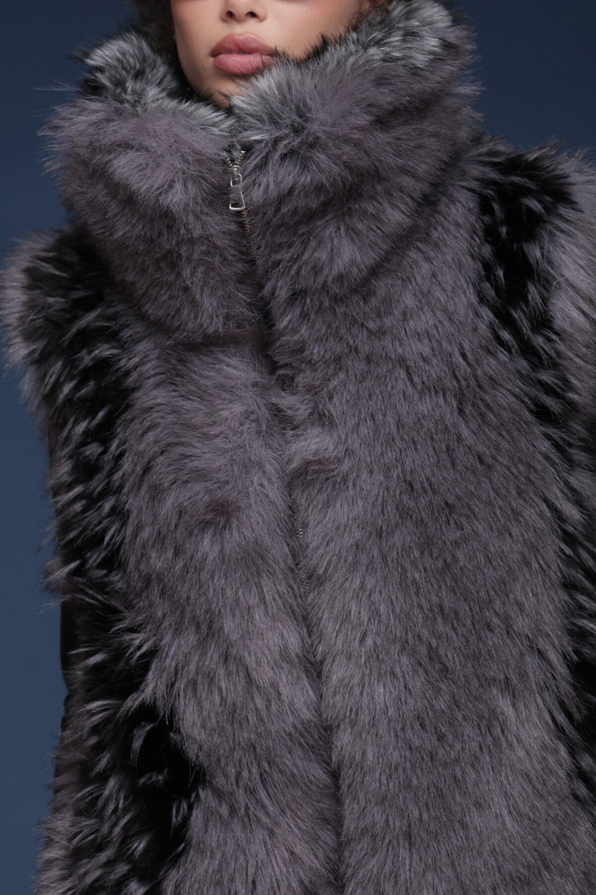 Luxe faux leather fur envelope oversized collar grey vest with plush tonal panels and front zip closure - Shop cute women's vests by Avec Les Filles