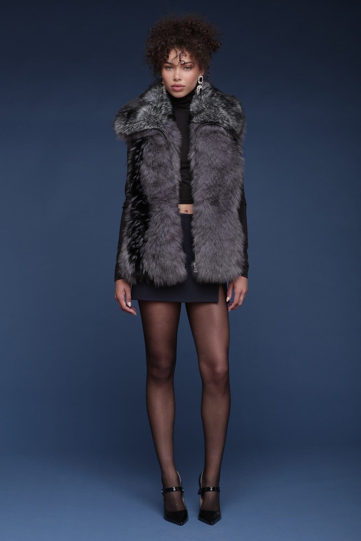 Luxe faux leather fur envelope oversized collar grey vest with plush tonal panels and front zip closure - Shop cute women's vests by Avec Les Filles
