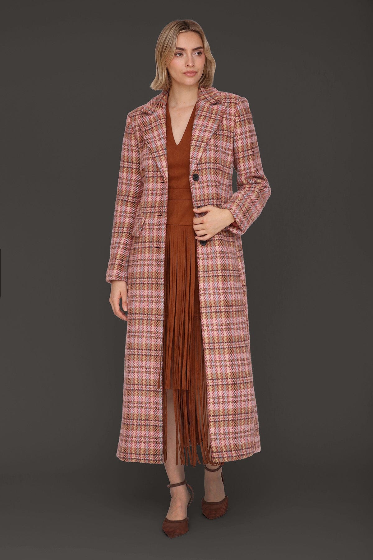 Berry plaid wool blend tailored single-breasted button-front maxi coat with long sleeves and button cuffs - Cute women's maxi coats by Avec Les Filles