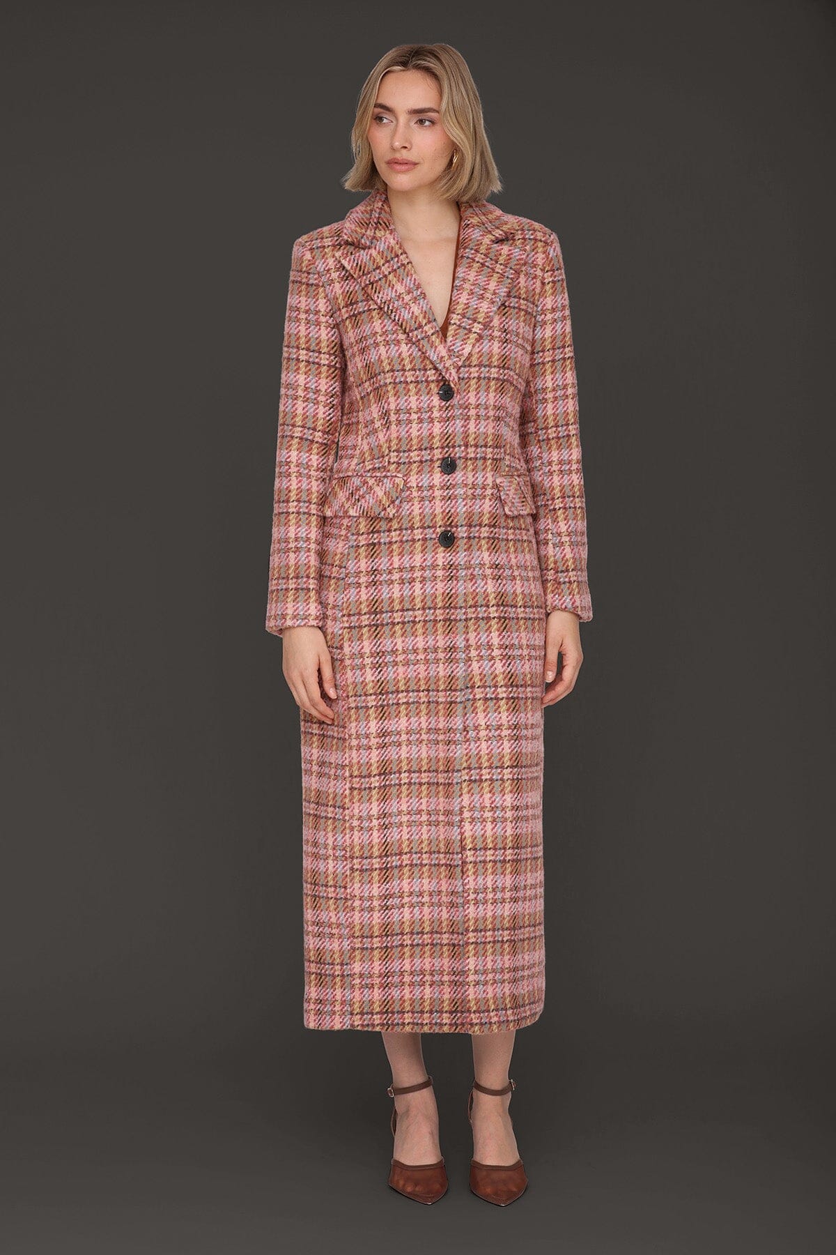 Berry plaid wool blend tailored single-breasted button-front maxi coat with long sleeves and button cuffs - Cute women's maxi coats by Avec Les Filles