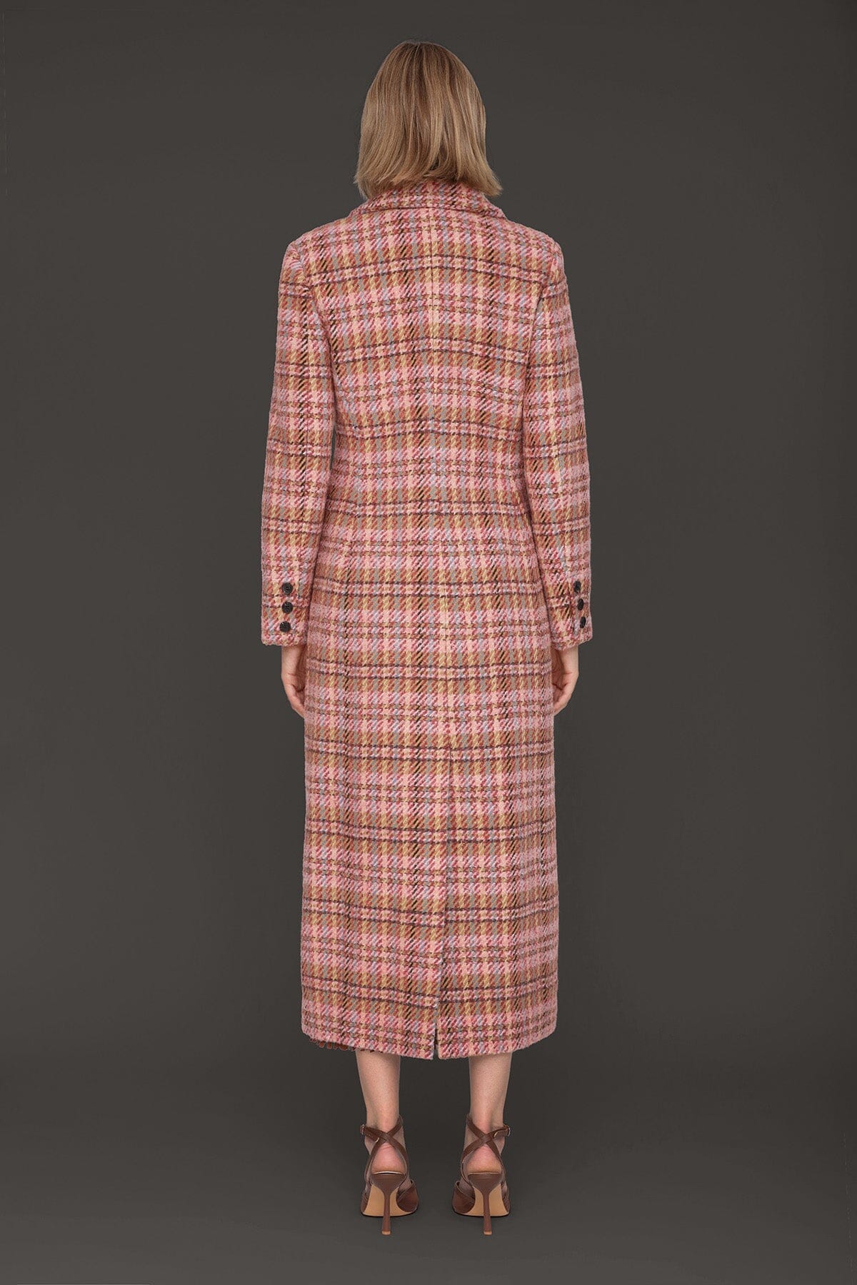 Berry plaid wool blend tailored single-breasted button-front maxi coat with long sleeves and button cuffs - Cute women's maxi coats by Avec Les Filles