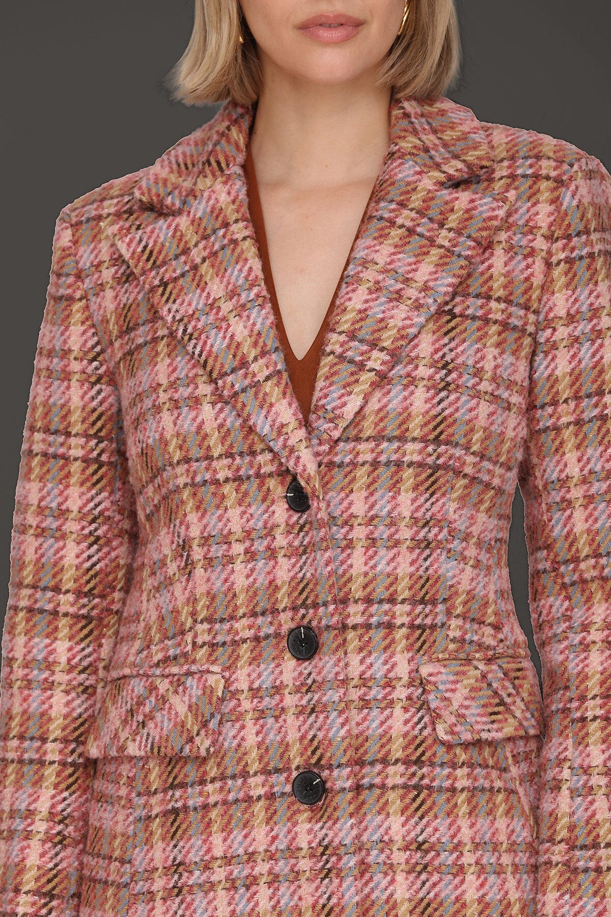Berry plaid wool blend tailored single-breasted button-front maxi coat with long sleeves and button cuffs - Cute women's maxi coats by Avec Les Filles
