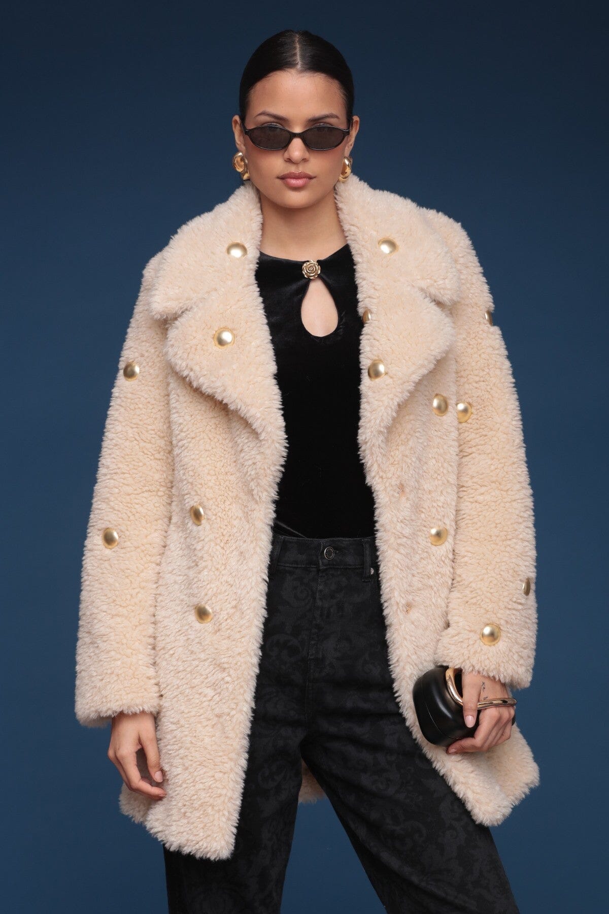 Studded faux fur wrap Ivory coat with plush texture and belted waist - Shop cute women's coats by Avec Les Filles