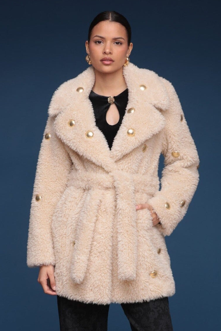 Studded faux fur wrap Ivory coat with plush texture and belted waist - Shop cute women's coats by Avec Les Filles