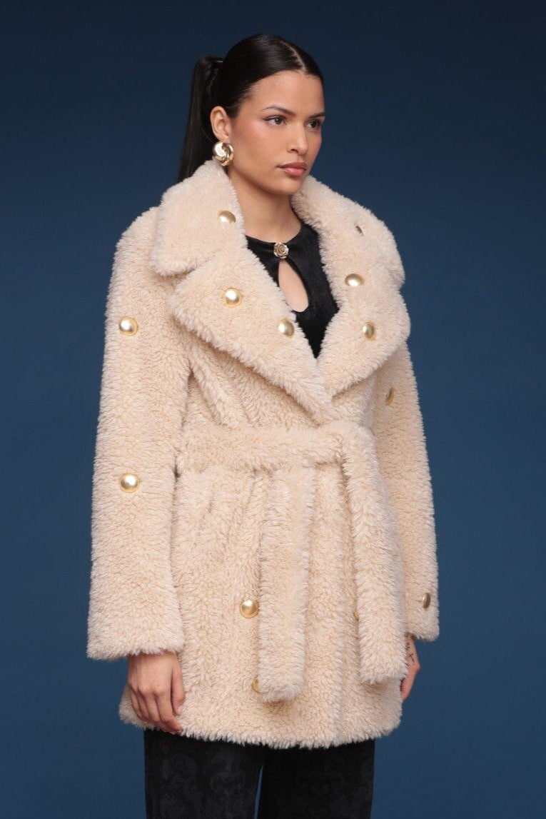 Studded faux fur wrap Ivory coat with plush texture and belted waist - Shop cute women's coats by Avec Les Filles