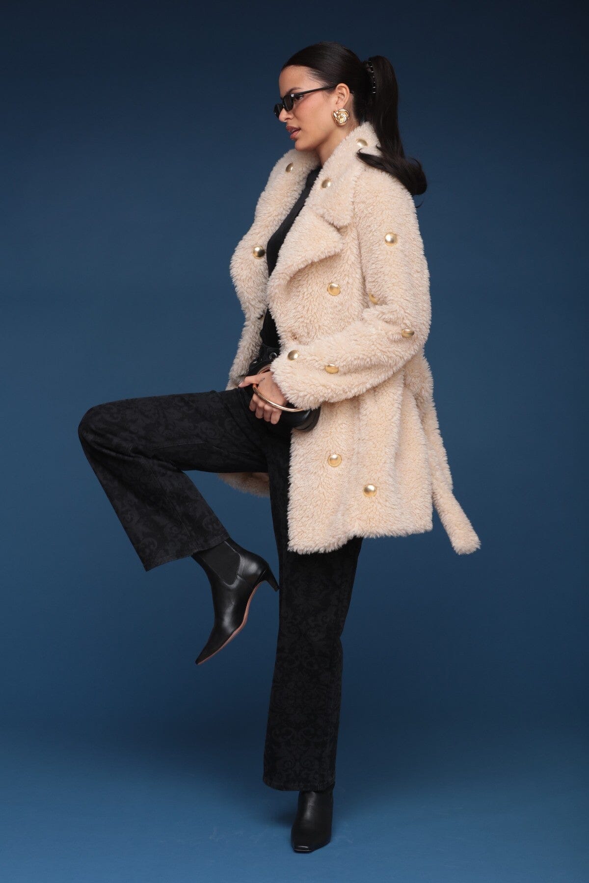 Studded faux fur wrap Ivory coat with plush texture and belted waist - Shop cute women's coats by Avec Les Filles