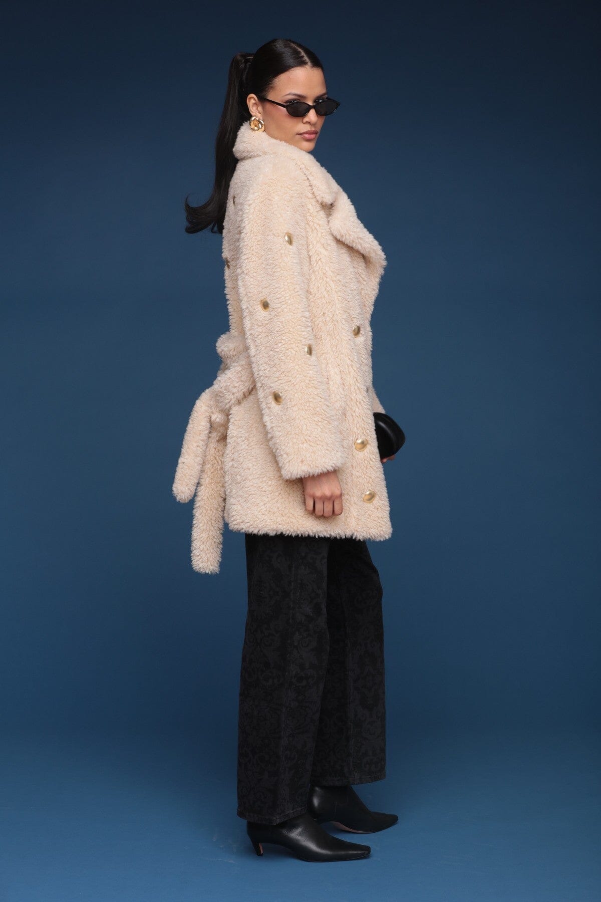 Studded faux fur wrap Ivory coat with plush texture and belted waist - Shop cute women's coats by Avec Les Filles