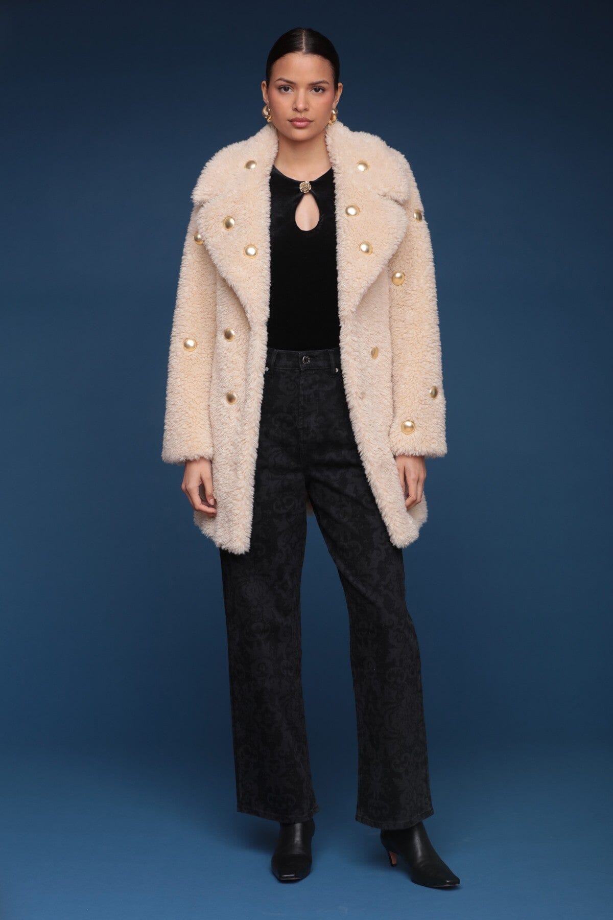 Studded faux fur wrap Ivory coat with plush texture and belted waist - Shop cute women's coats by Avec Les Filles