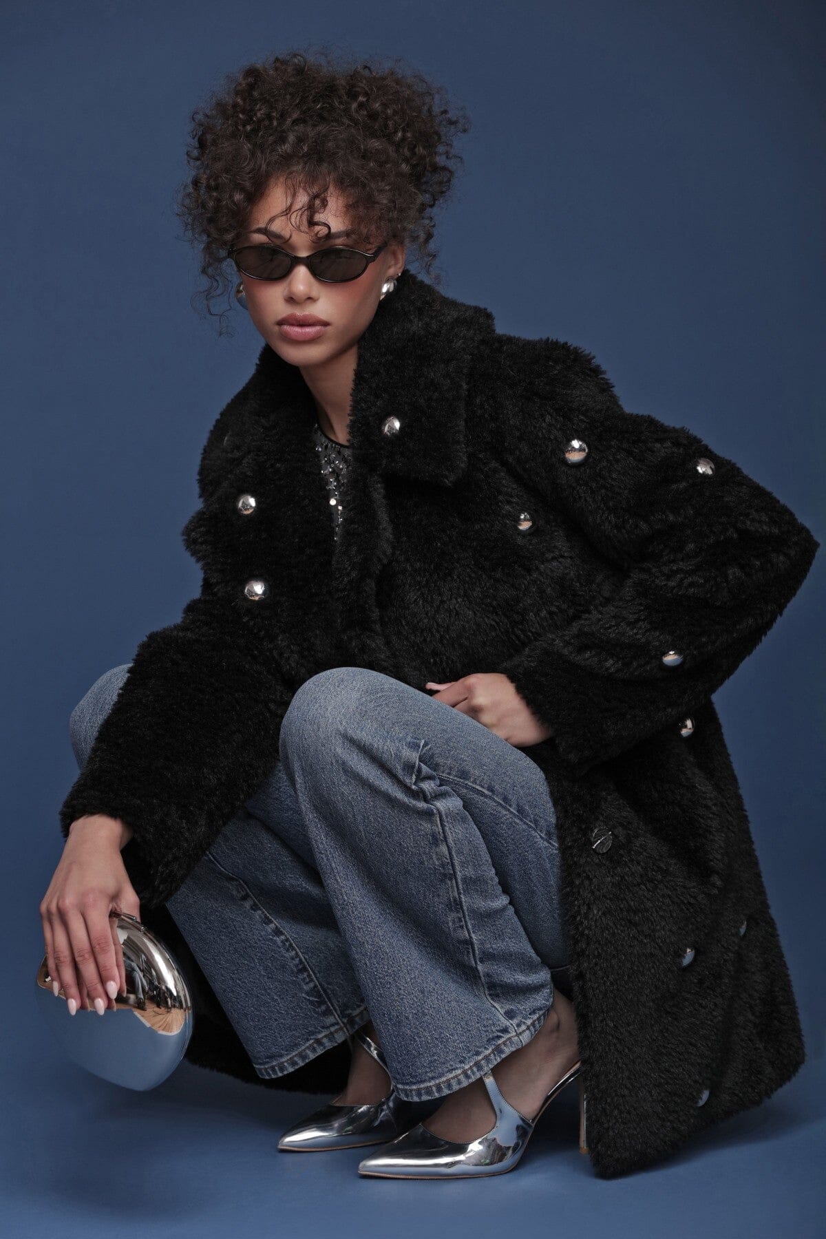 Studded faux fur wrap black coat with plush texture and belted waist - Shop cute women's coats by Avec Les Filles