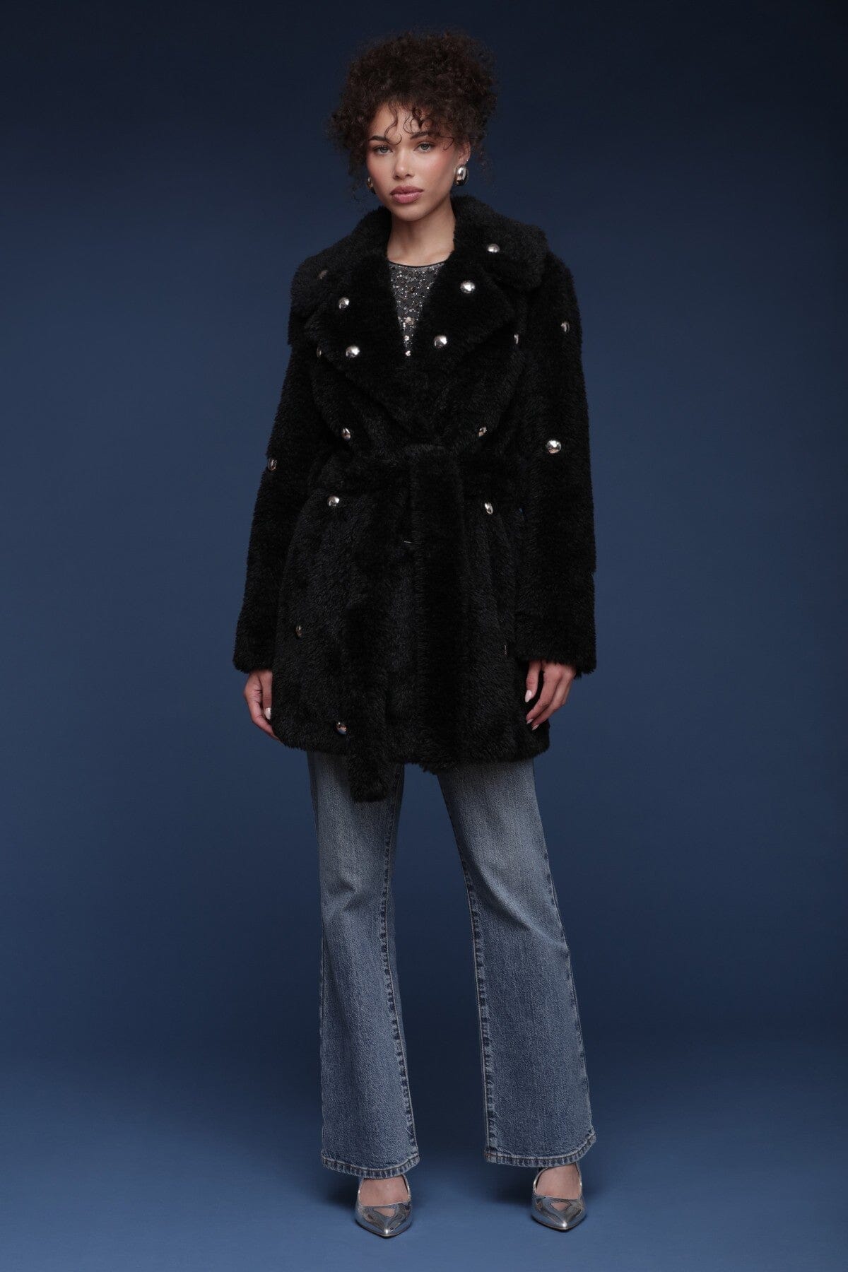 Studded faux fur wrap black coat with plush texture and belted waist - Shop cute women's coats by Avec Les Filles