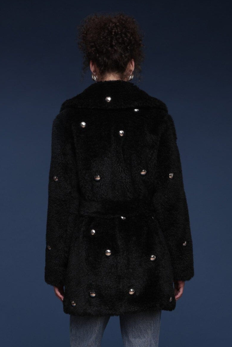Studded faux fur wrap black coat with plush texture and belted waist - Shop cute women's coats by Avec Les Filles