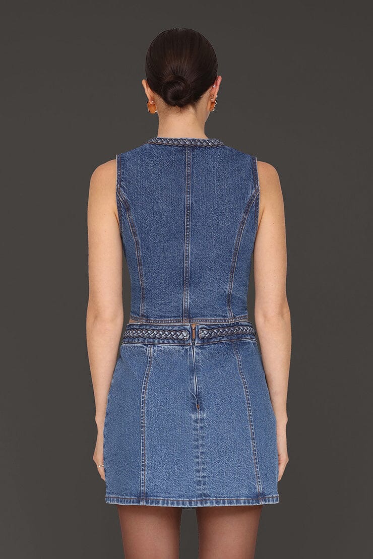 Braided trim blue denim button front vest made from cotton blend with deep V-neckline and sleeveless - Cute women's tops by Avec Les Filles