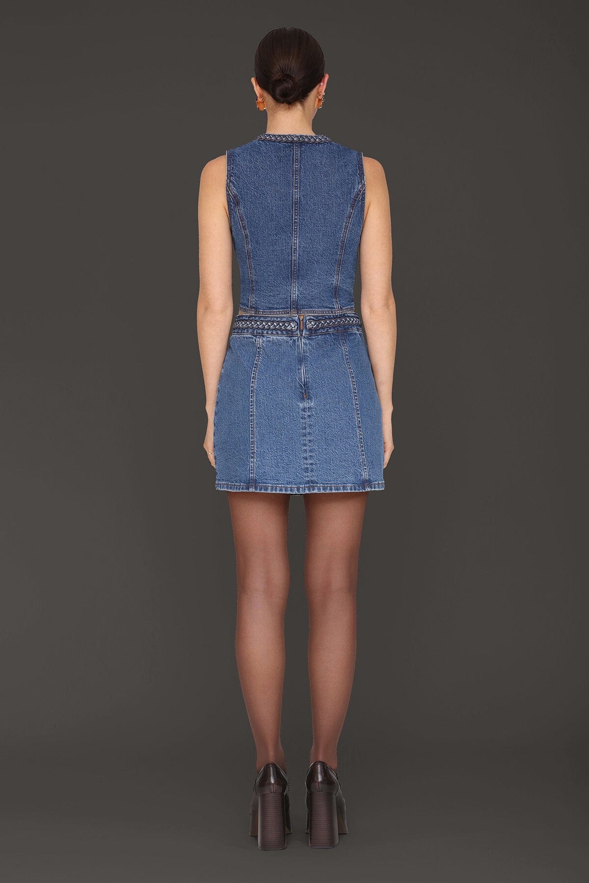 Braided trim blue denim button front vest made from cotton blend with deep V-neckline and sleeveless - Cute women's tops by Avec Les Filles